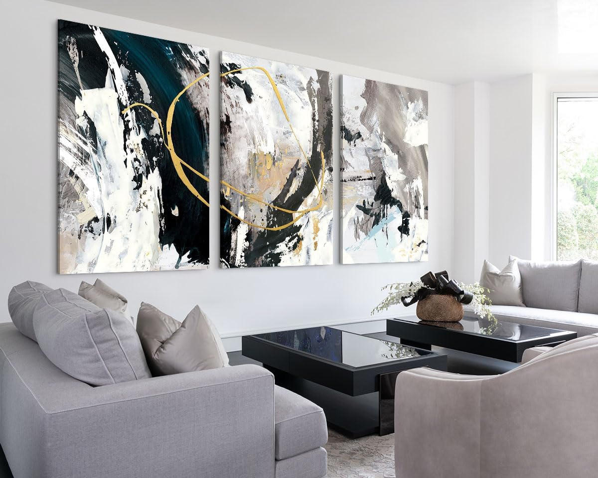 GIFTTWART Oversized Abstract Wall Art – Black White and Gold Canvas Painting with Textured Look for Living Room or Office Decoration