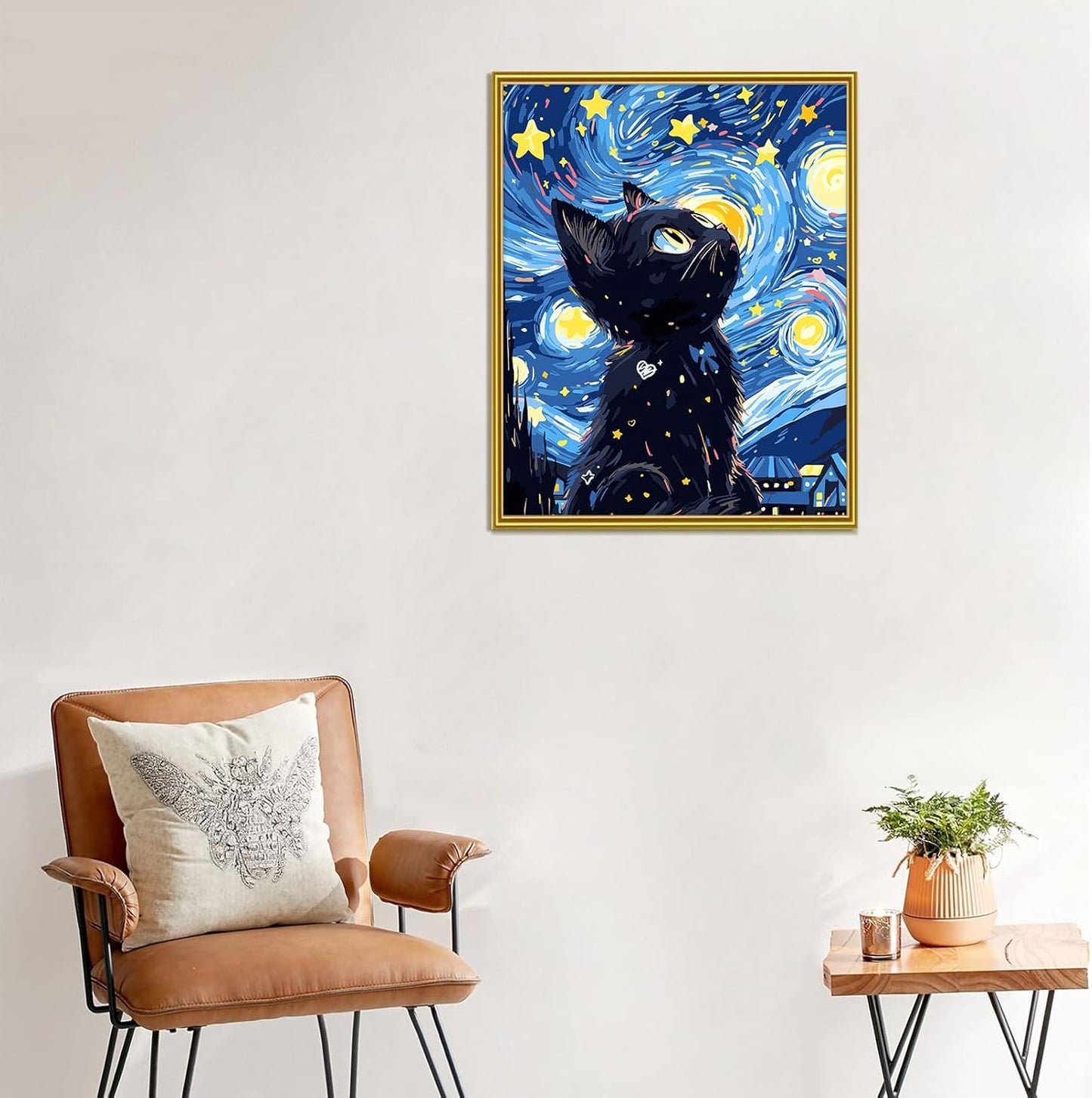 Yunnuo Paint by Numbers for Adults Black Cat, Paint by Numbers Kit on Canvas for Beginners, Starry Night Number Painting Set Craft Supplies, 3 Paintbrushes and Acrylic Paint 16x20 Inch