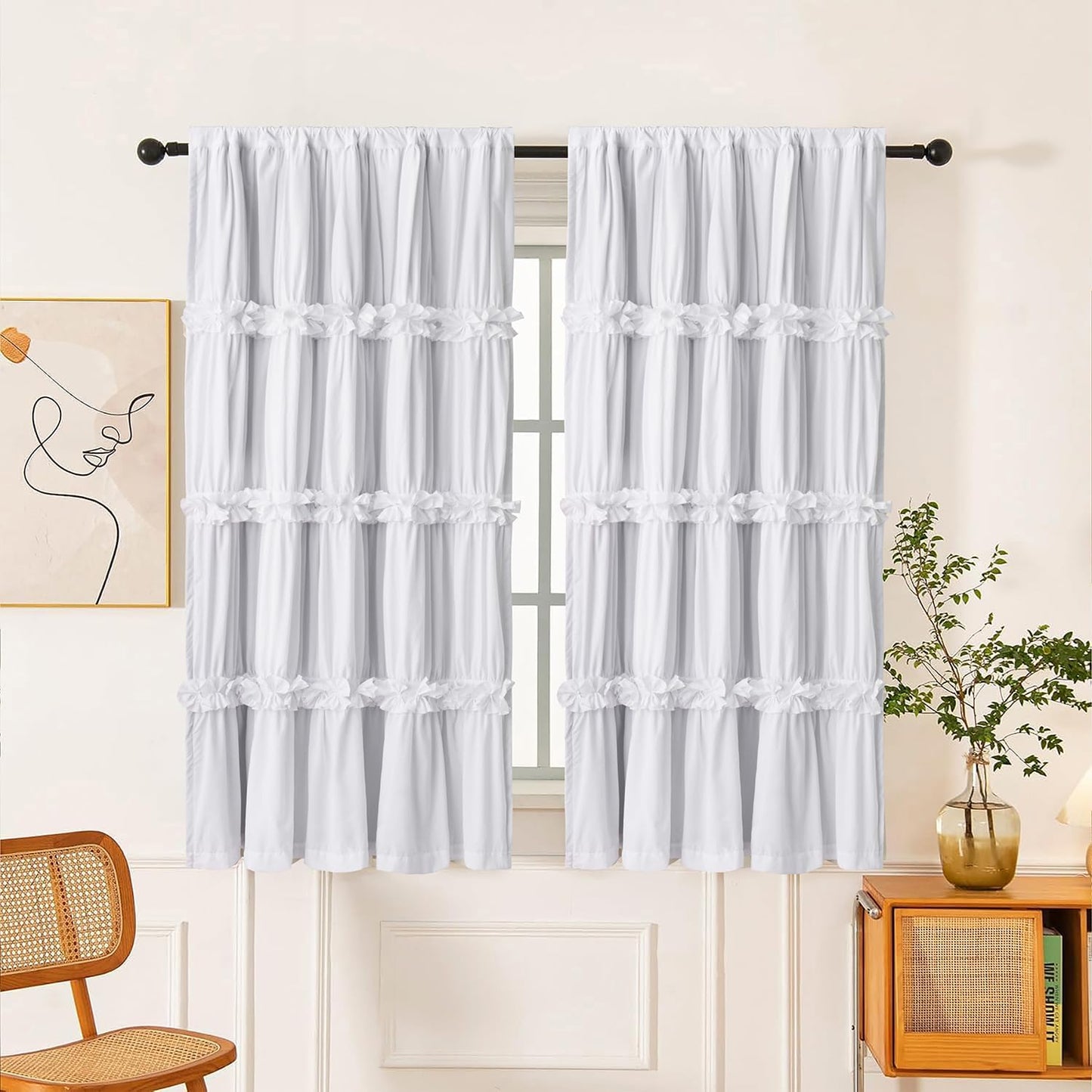 Thermal Insulated Blackout Window Curtains, 54" W x 84" L x 2 Panels, Boho Ruched Window Treatments with 3 Rows of Butterfly Flowers, Rustic Rod Pocket Drapes for Room, White (LQ-30)