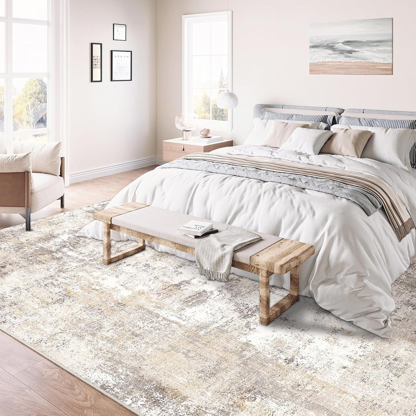 6x9 Washable Area Rug Beige Grey Neutral Abstract Living Room Bedroom Large Throw Rug Non Slip Soft Low Pile Indoor Floor Carpet for Dining Room Kitchen Office Entryway