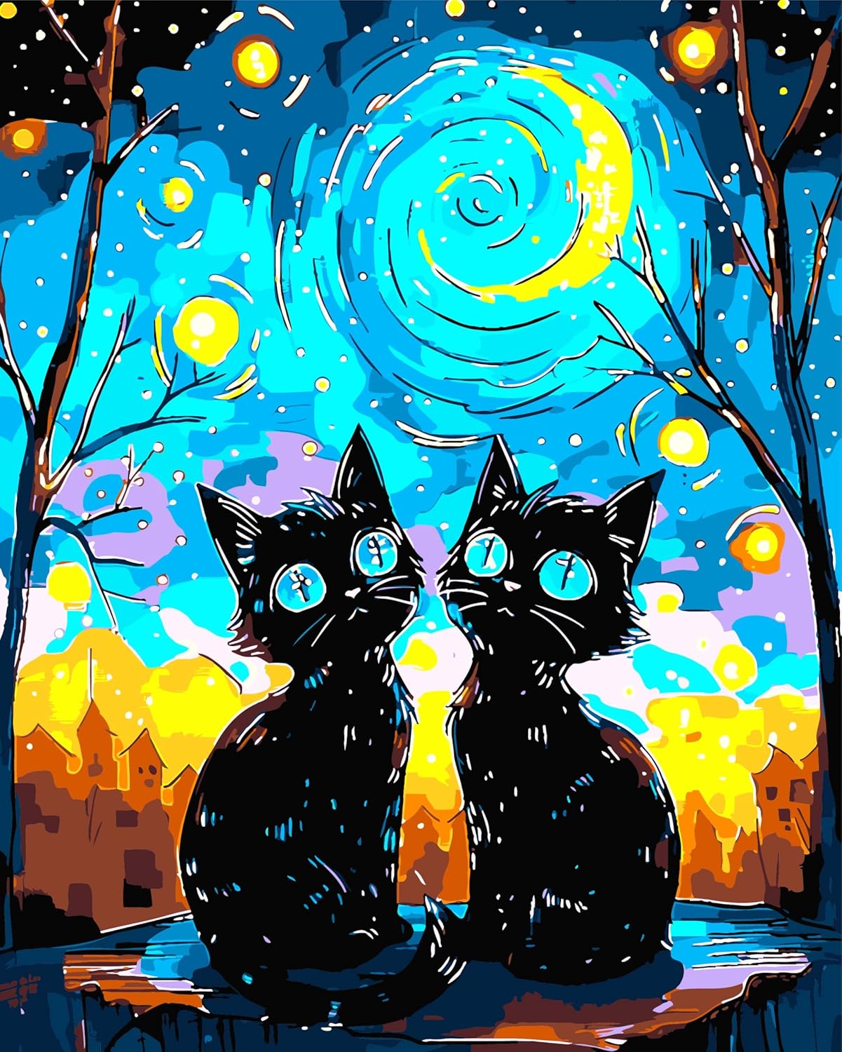 Yunnuo Paint by Numbers for Adults Black Cat, Paint by Numbers Kit on Canvas for Beginners, Starry Night Number Painting Set Craft Supplies, 3 Paintbrushes and Acrylic Paint 16x20 Inch