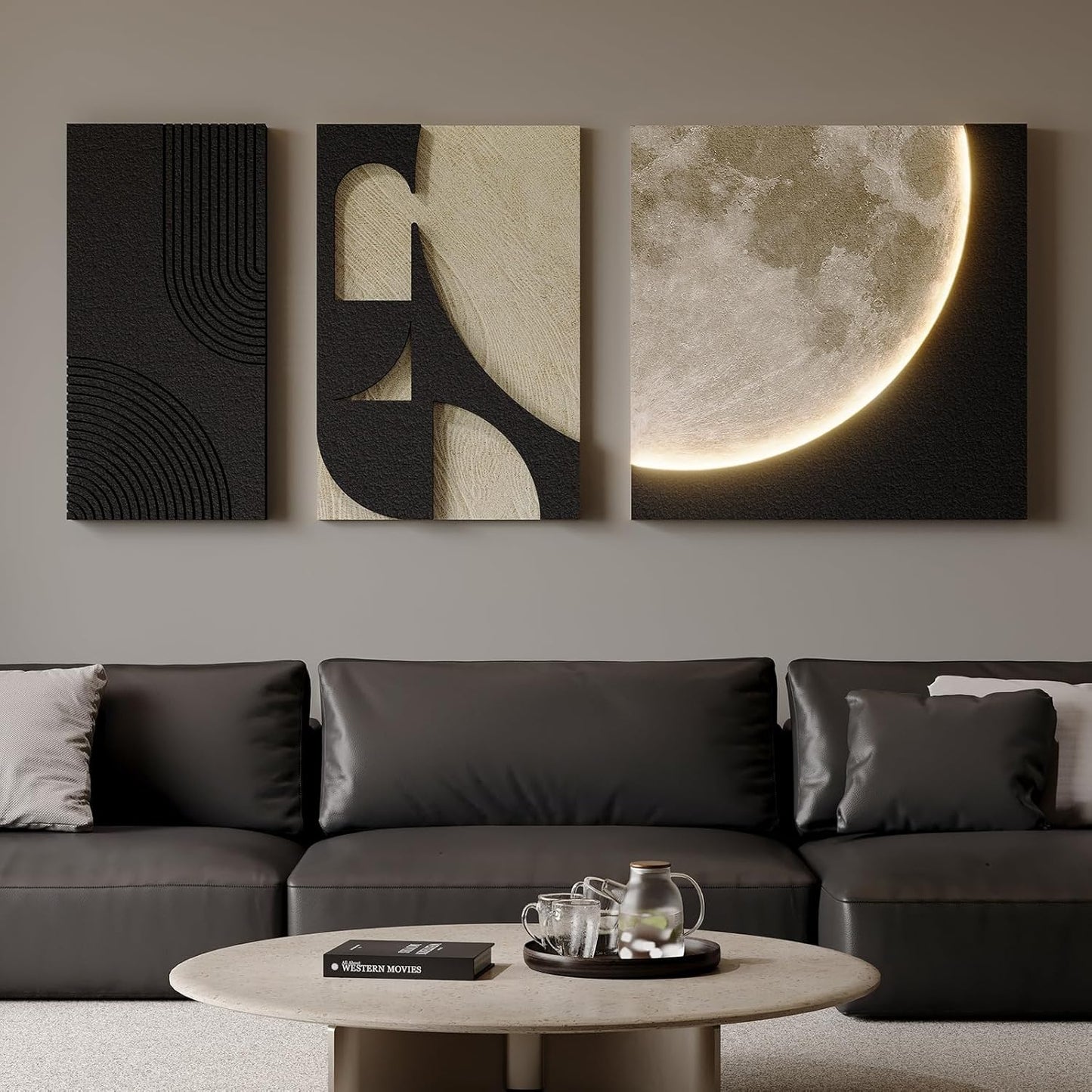 Large 3D Textured Framed Abstract Wall Art for Living Room, 3 Piece Modern Paintings Artwork for Walls, Black White Brown Geometric Sandstone Texture Pictures for Hallway Office Wall Decor 24x36 In