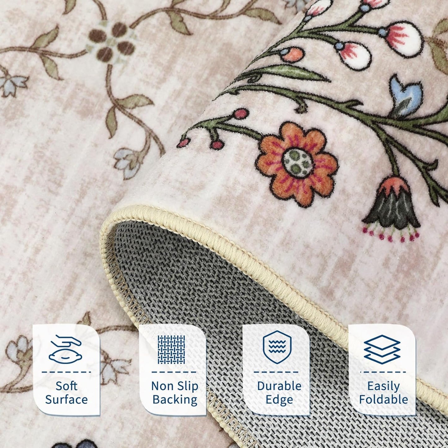 GarveeHome 5x7 Washable Floral Area Rugs for Living Room: Modern Floral Non Slip Large Area Rugs for Bedroom, Large Machine Washable Living Room Low Pile Carpet with Non-Slip Backing Beige 5'x7'.
