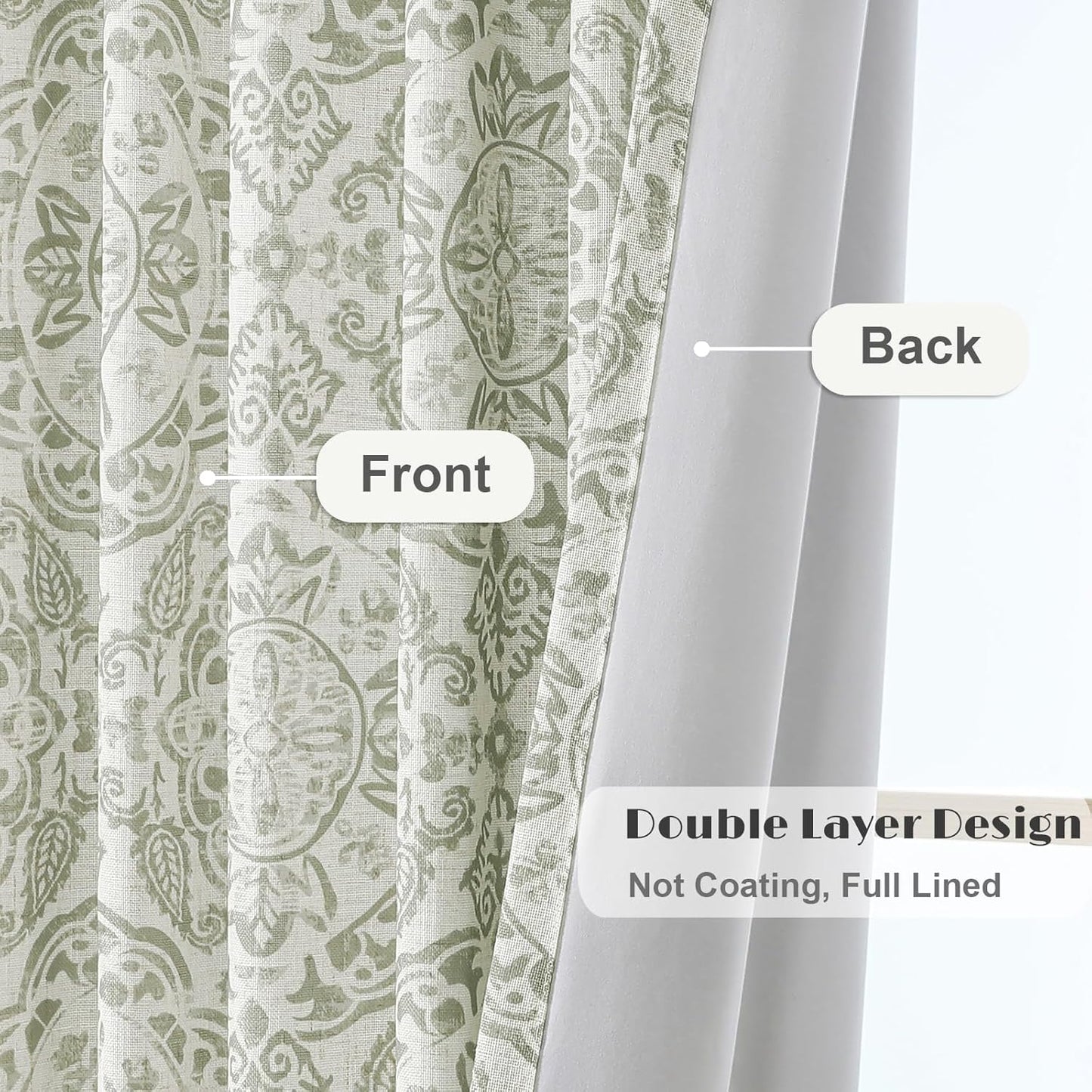 OWENIE Total Blackout Curtains for Bedroom 84 Inches Long 2 Panels, Medallion Printing Thermal Insulated Linen Double Layer Curtains for Living Room, Elegant Back Tab Drapes, Each 52Wx84L, Sage Green