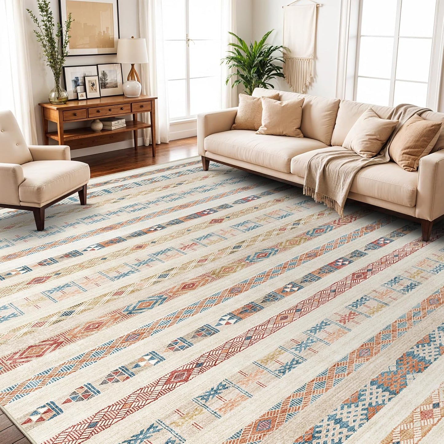 Washable Modern Area Rug: 10x14 Large Geometric Area Rugs for Living Room & Bedroom with Non-Slip Backing Modern Geometric Carpet for Living Room Brown Grey 10'x14'.