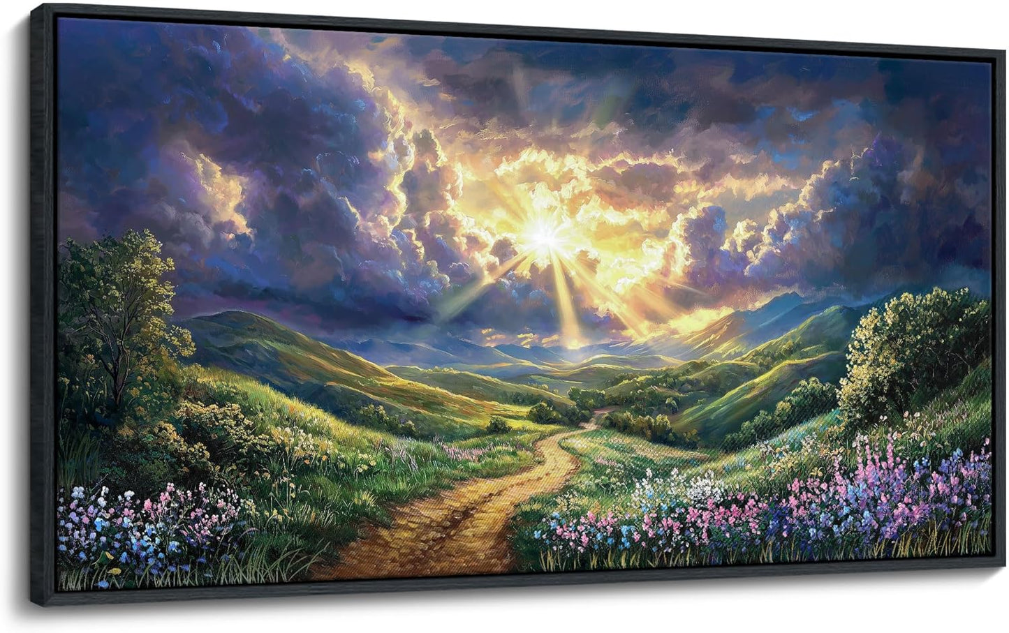 HKDGOKA Large Landscape Canvas Wall Art, Green Mountains Purple Clouds Flower Scenery Canvas Pictures Paintings Artwork for Living Room Bedroom Office Kitchen Home Wall Decor 32x71 IN