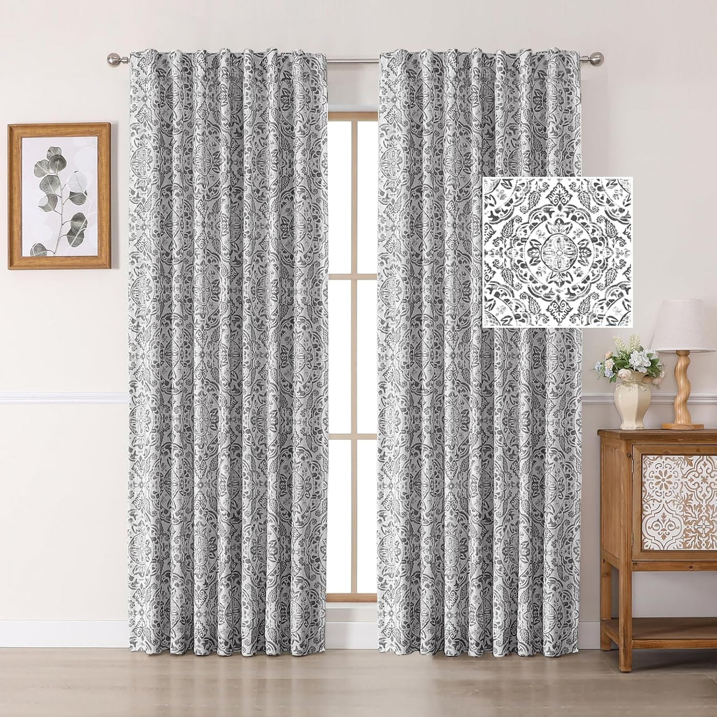 OWENIE Total Blackout Curtains for Bedroom 84 Inches Long 2 Panels, Medallion Printing Thermal Insulated Linen Double Layer Curtains for Living Room, Elegant Back Tab Drapes, Each 52Wx84L, Sage Green
