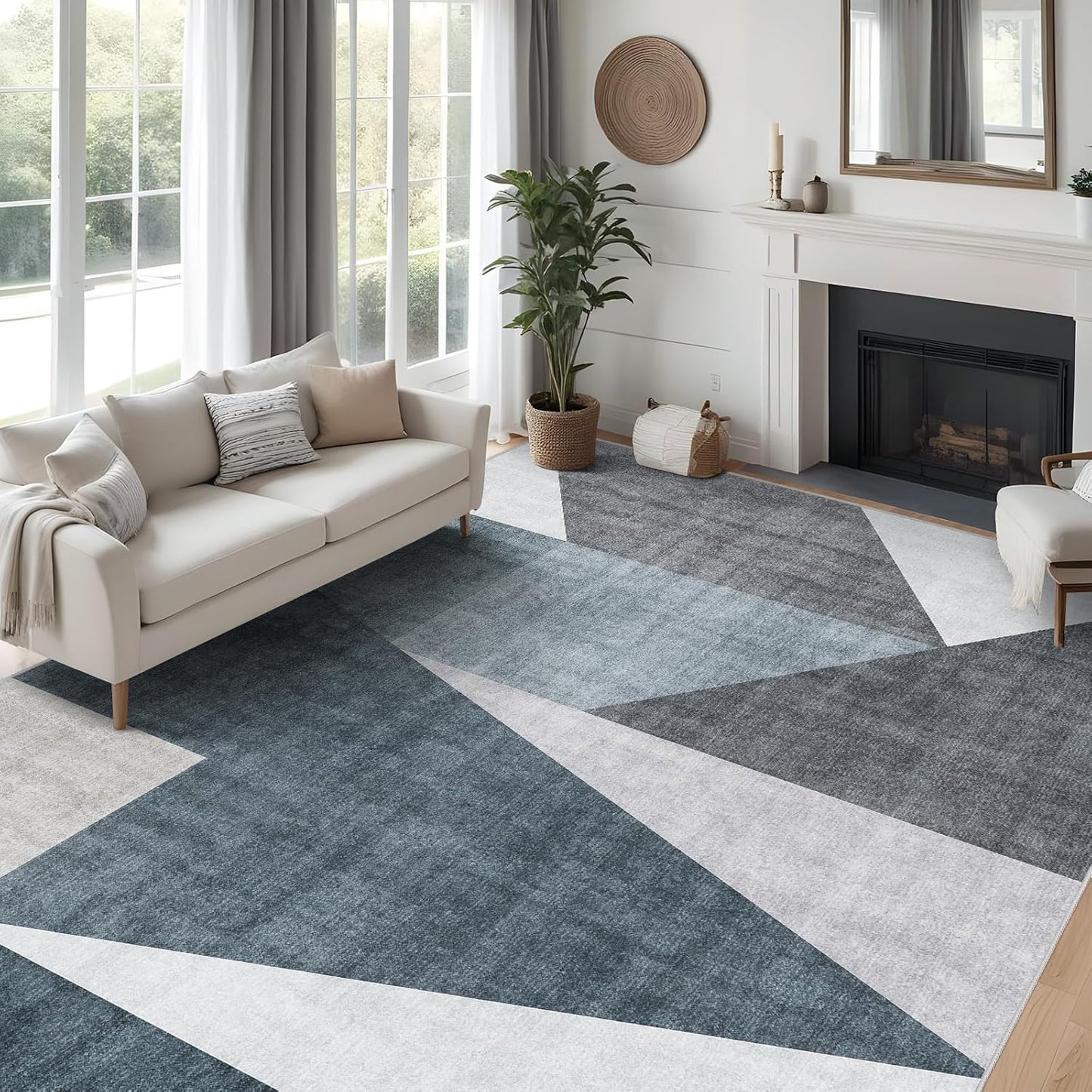 Washable Modern Area Rug: 10x14 Large Geometric Area Rugs for Living Room & Bedroom with Non-Slip Backing Modern Geometric Carpet for Living Room Brown Grey 10'x14'.