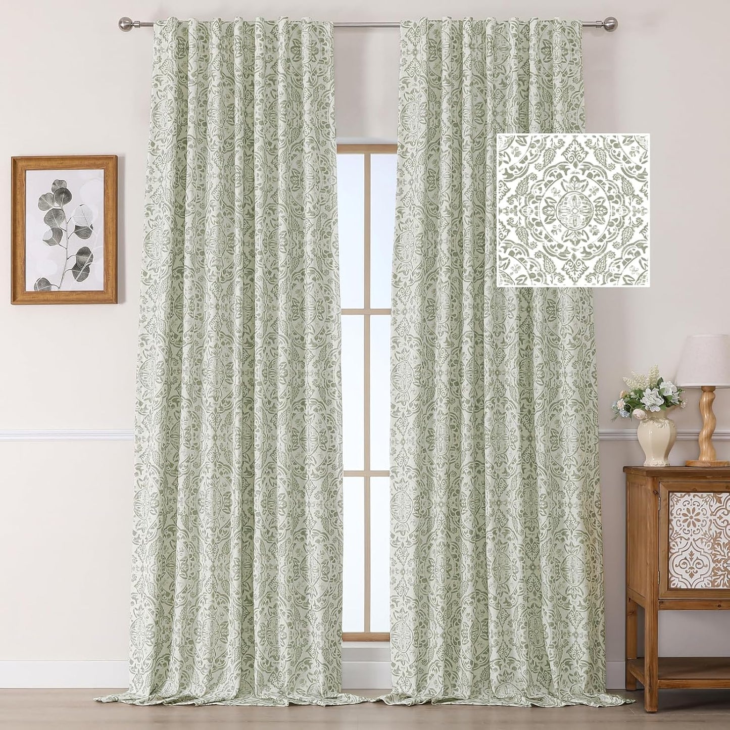 OWENIE Total Blackout Curtains for Bedroom 84 Inches Long 2 Panels, Medallion Printing Thermal Insulated Linen Double Layer Curtains for Living Room, Elegant Back Tab Drapes, Each 52Wx84L, Sage Green