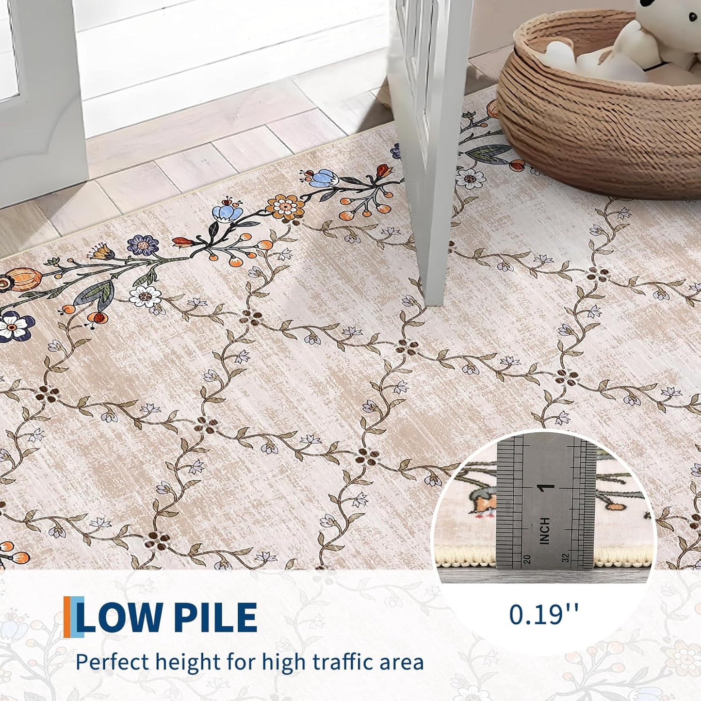 GarveeHome 5x7 Washable Floral Area Rugs for Living Room: Modern Floral Non Slip Large Area Rugs for Bedroom, Large Machine Washable Living Room Low Pile Carpet with Non-Slip Backing Beige 5'x7'.