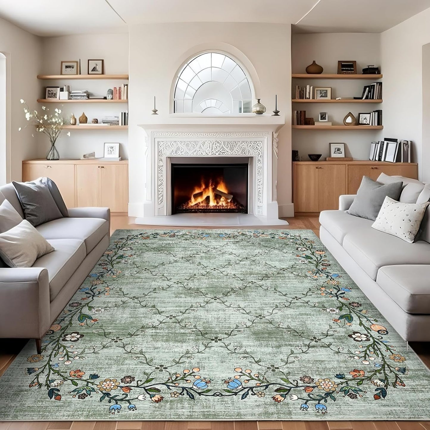 GarveeHome 5x7 Washable Floral Area Rugs for Living Room: Modern Floral Non Slip Large Area Rugs for Bedroom, Large Machine Washable Living Room Low Pile Carpet with Non-Slip Backing Beige 5'x7'.
