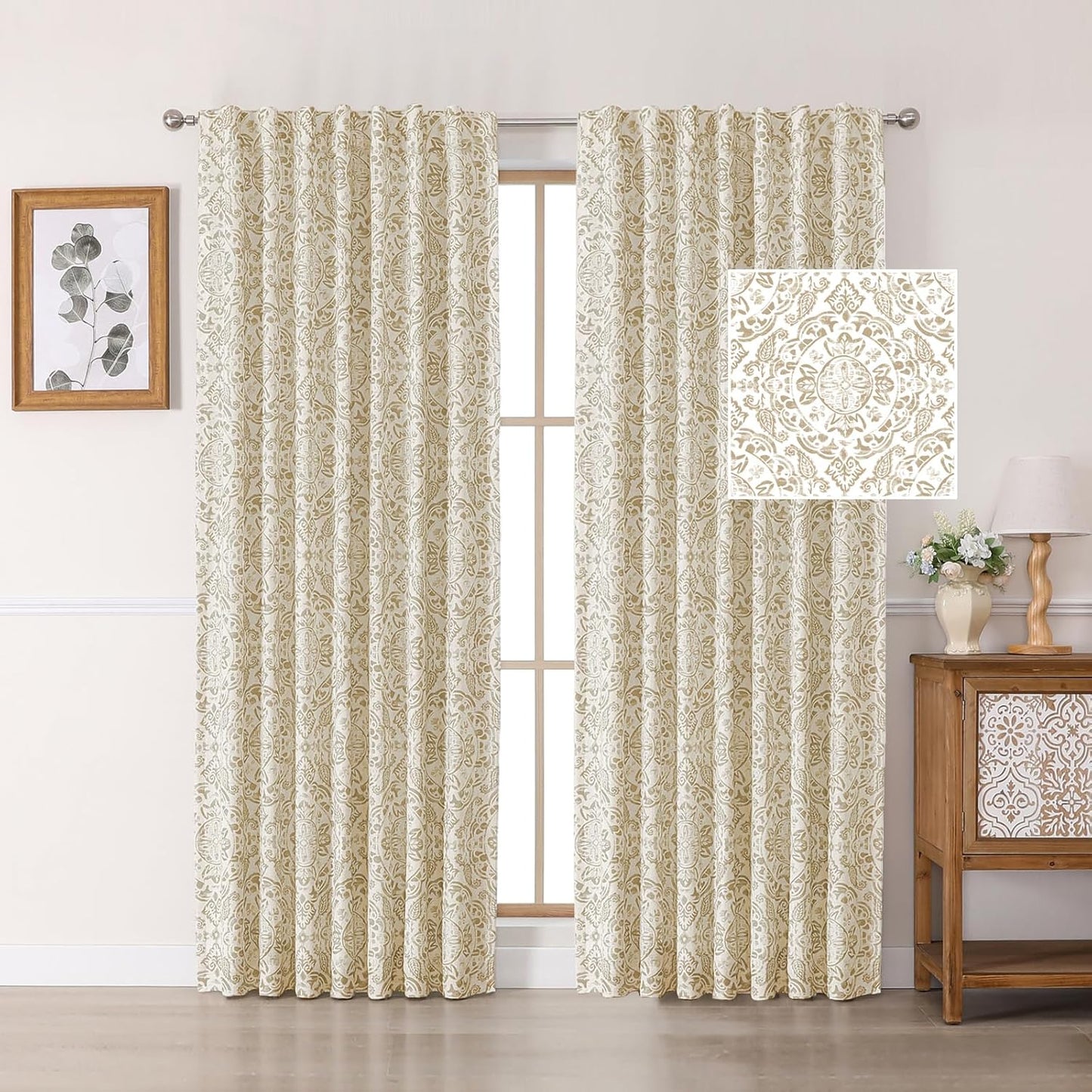 OWENIE Total Blackout Curtains for Bedroom 84 Inches Long 2 Panels, Medallion Printing Thermal Insulated Linen Double Layer Curtains for Living Room, Elegant Back Tab Drapes, Each 52Wx84L, Sage Green