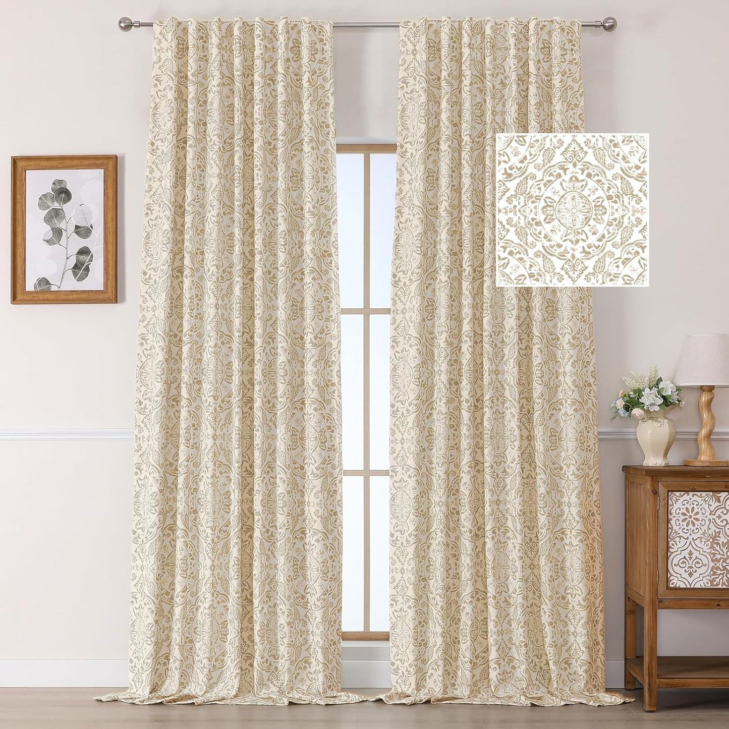 OWENIE Total Blackout Curtains for Bedroom 84 Inches Long 2 Panels, Medallion Printing Thermal Insulated Linen Double Layer Curtains for Living Room, Elegant Back Tab Drapes, Each 52Wx84L, Sage Green