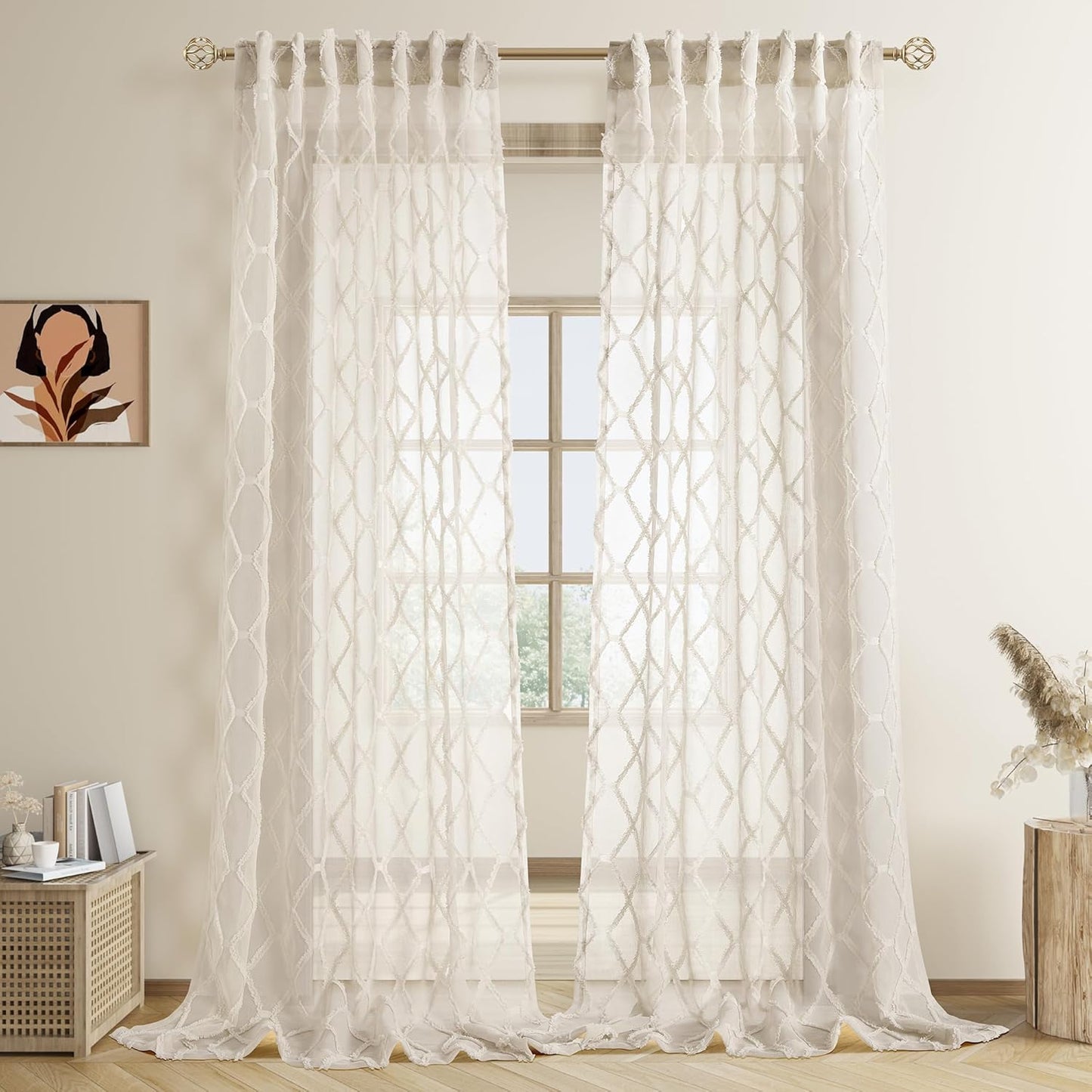 Beige Sheer Curtains 84 Inches Long for Living Room Rod Pocket Back Tab Sand Taupe Tan Semi Sheer Curtain Geometric Embroidered Tuft Pom Textured Drapes Earth Tone Farmhouse Rustic Bedroom Nursery