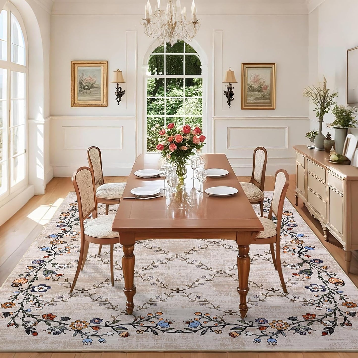 GarveeHome 5x7 Washable Floral Area Rugs for Living Room: Modern Floral Non Slip Large Area Rugs for Bedroom, Large Machine Washable Living Room Low Pile Carpet with Non-Slip Backing Beige 5'x7'.