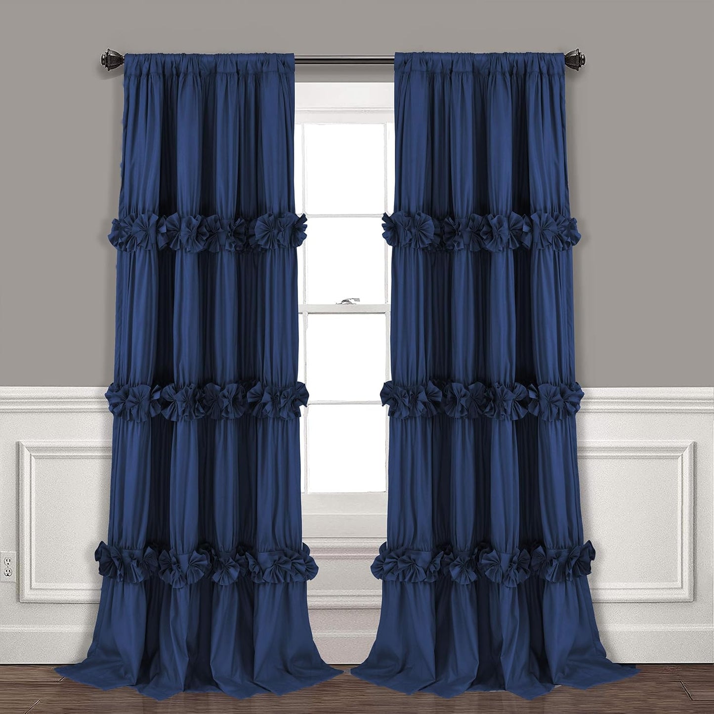 Thermal Insulated Blackout Window Curtains, 54" W x 84" L x 2 Panels, Boho Ruched Window Treatments with 3 Rows of Butterfly Flowers, Rustic Rod Pocket Drapes for Room, White (LQ-30)