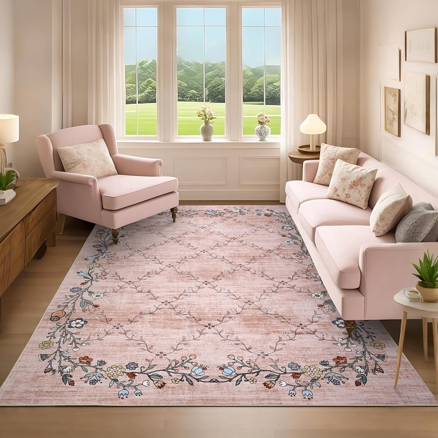 GarveeHome 5x7 Washable Floral Area Rugs for Living Room: Modern Floral Non Slip Large Area Rugs for Bedroom, Large Machine Washable Living Room Low Pile Carpet with Non-Slip Backing Beige 5'x7'.