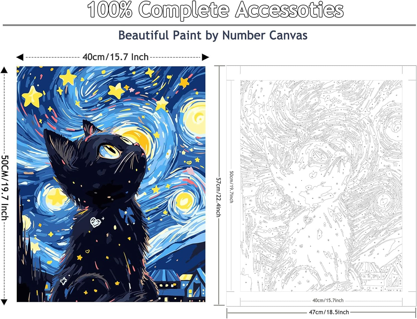 Yunnuo Paint by Numbers for Adults Black Cat, Paint by Numbers Kit on Canvas for Beginners, Starry Night Number Painting Set Craft Supplies, 3 Paintbrushes and Acrylic Paint 16x20 Inch
