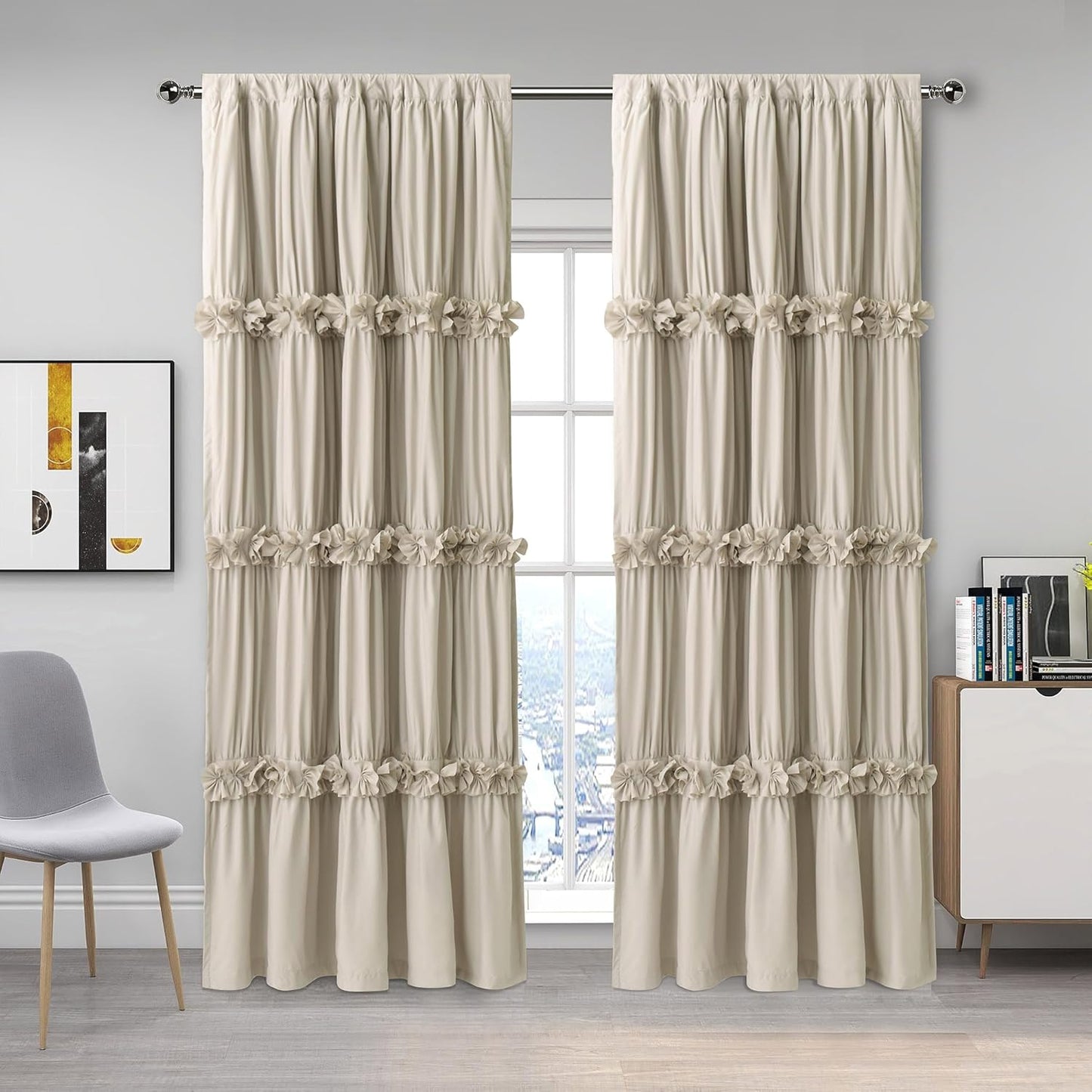 Thermal Insulated Blackout Window Curtains, 54" W x 84" L x 2 Panels, Boho Ruched Window Treatments with 3 Rows of Butterfly Flowers, Rustic Rod Pocket Drapes for Room, White (LQ-30)