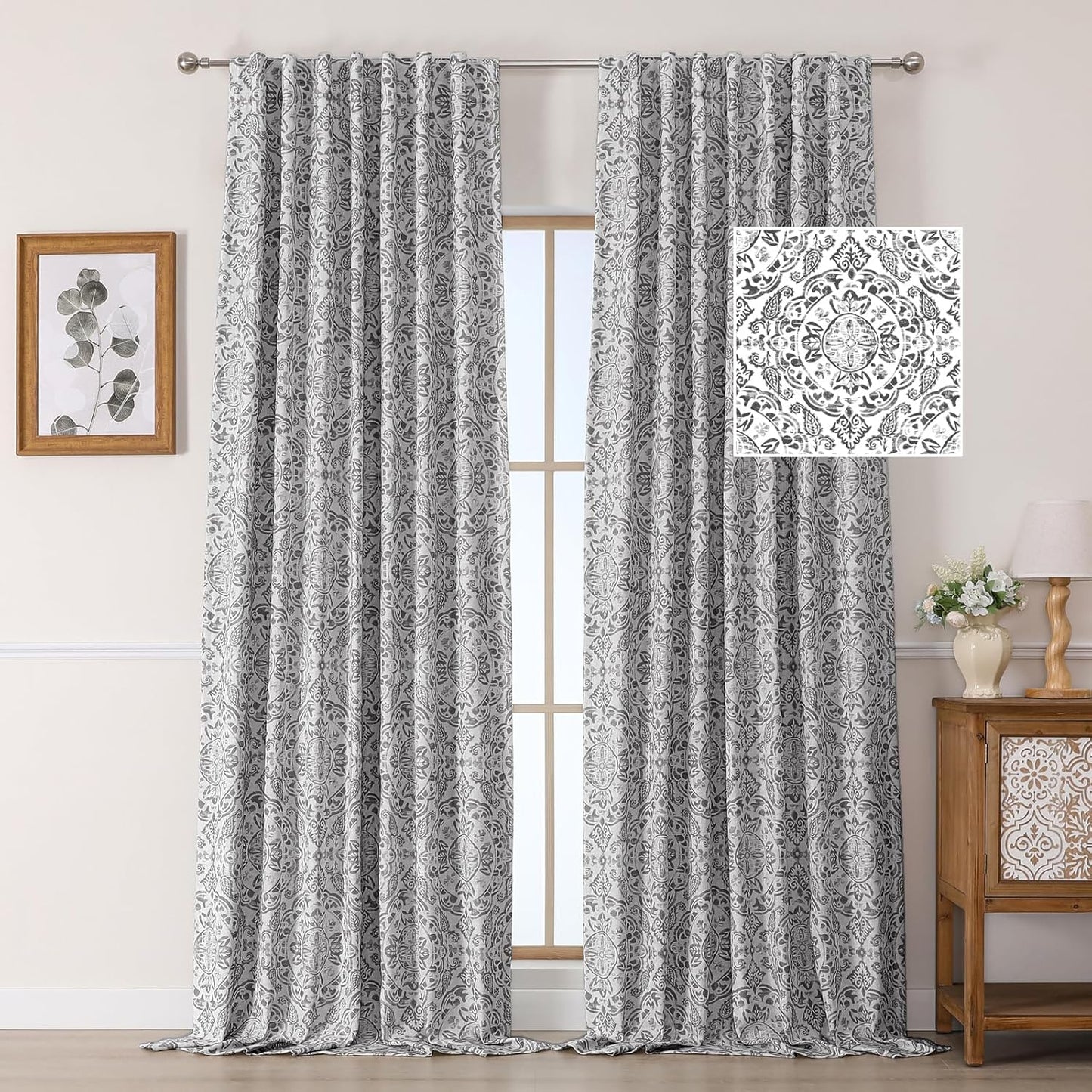 OWENIE Total Blackout Curtains for Bedroom 84 Inches Long 2 Panels, Medallion Printing Thermal Insulated Linen Double Layer Curtains for Living Room, Elegant Back Tab Drapes, Each 52Wx84L, Sage Green