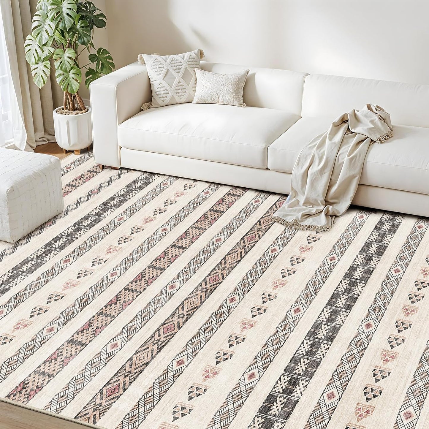 Washable Modern Area Rug: 10x14 Large Geometric Area Rugs for Living Room & Bedroom with Non-Slip Backing Modern Geometric Carpet for Living Room Brown Grey 10'x14'.