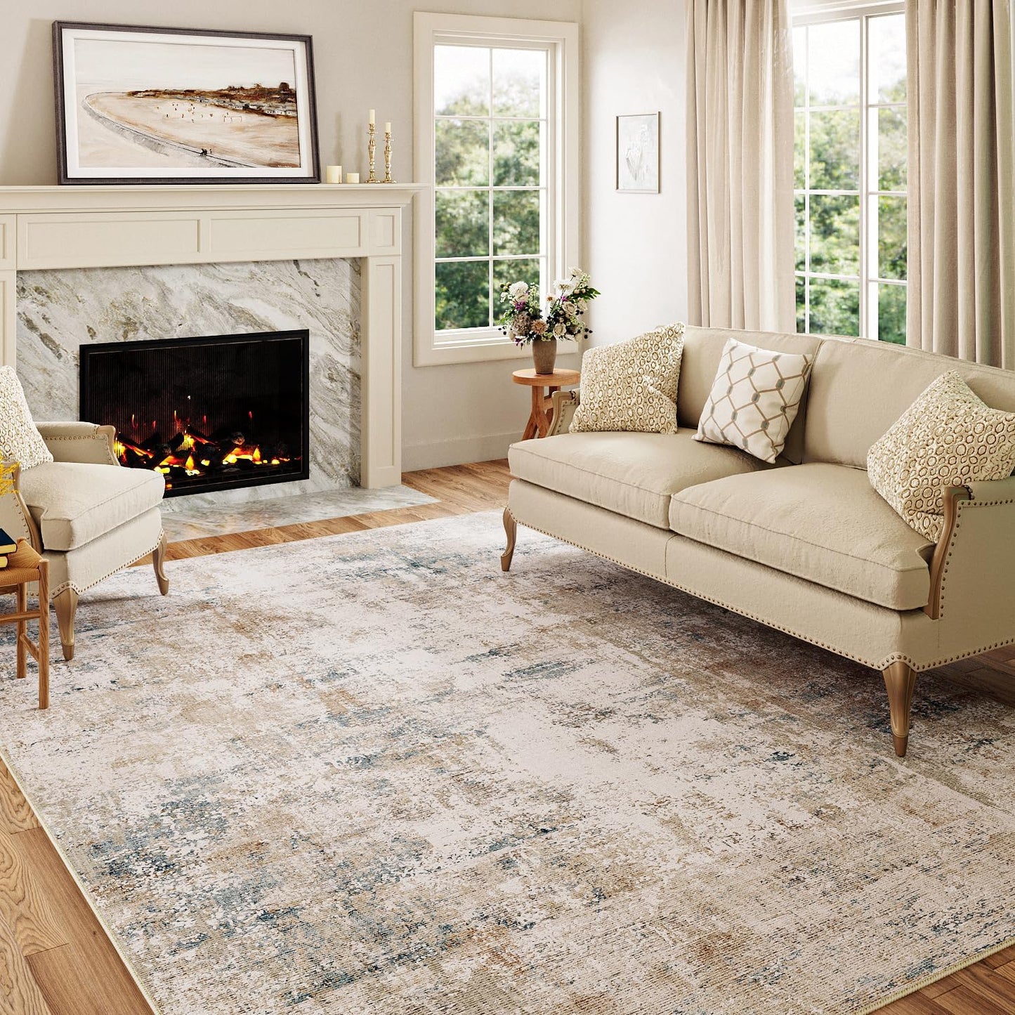6x9 Washable Area Rug Beige Grey Neutral Abstract Living Room Bedroom Large Throw Rug Non Slip Soft Low Pile Indoor Floor Carpet for Dining Room Kitchen Office Entryway