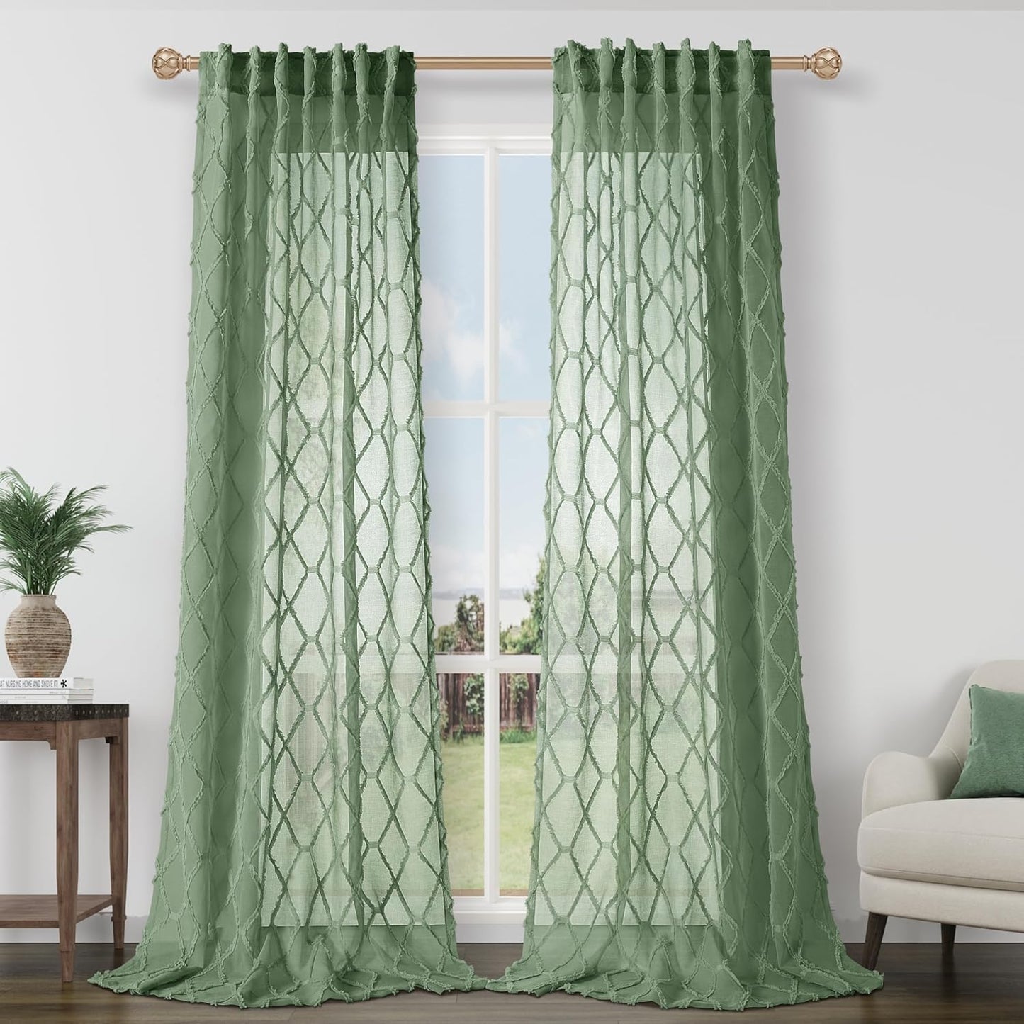 Beige Sheer Curtains 84 Inches Long for Living Room Rod Pocket Back Tab Sand Taupe Tan Semi Sheer Curtain Geometric Embroidered Tuft Pom Textured Drapes Earth Tone Farmhouse Rustic Bedroom Nursery