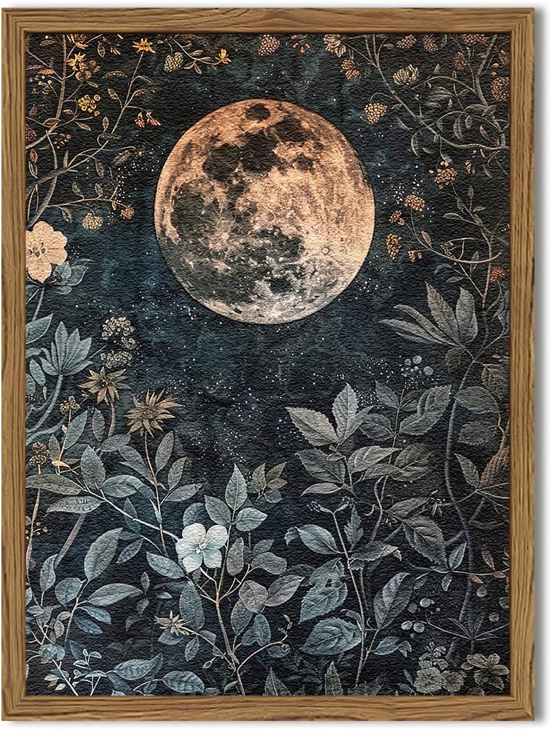 Enchanted Forest Firefly Wall Art, Dark Twilight Landscape Wall Decor 3D Texture Hand Drawn Sandstone Magical Nature Botanical Painting Artwork for Bedroom Living Room 24x16 inch Wood Framed