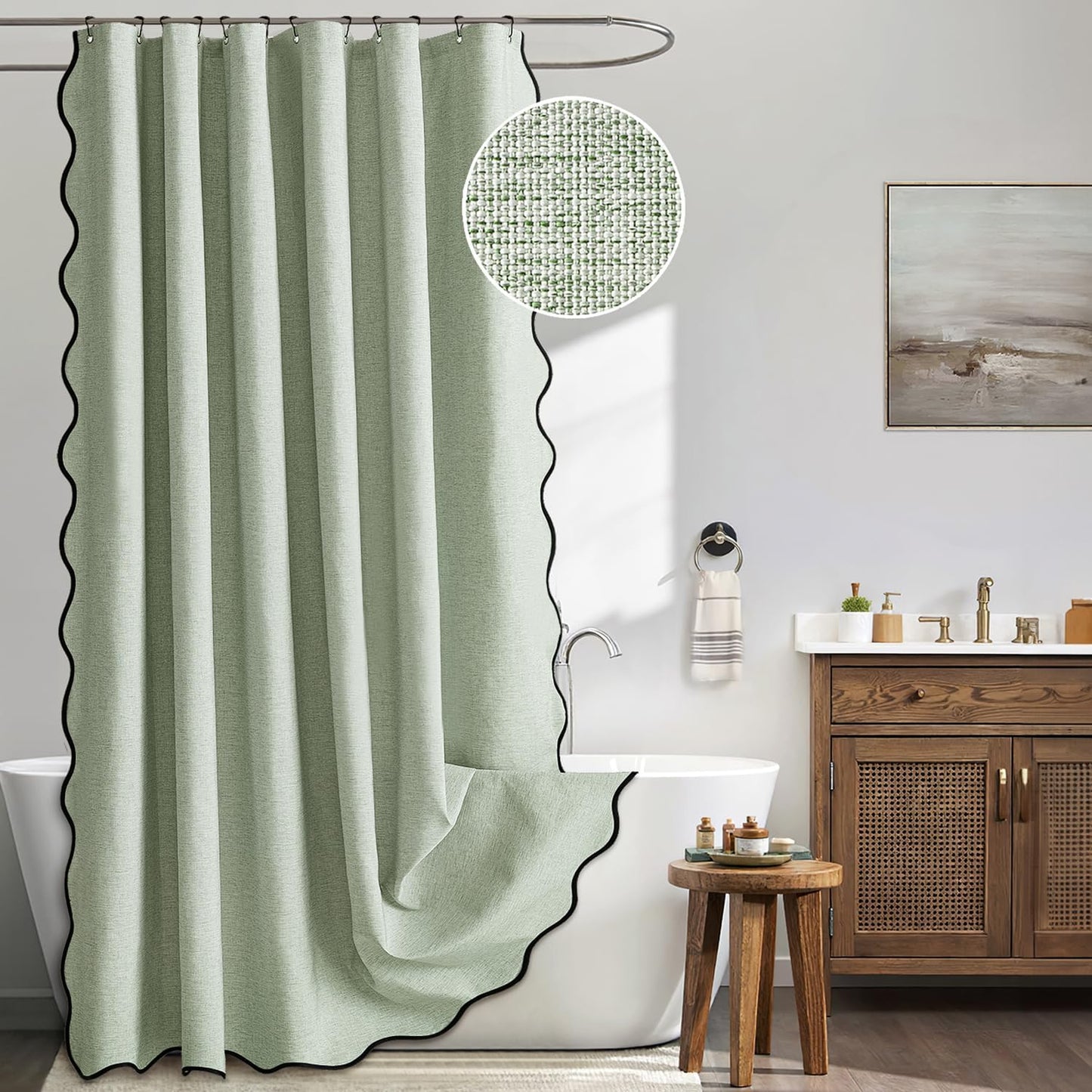 MIULEE Beige Scalloped Shower Curtain Linen Textured with 12 Metal Hooks Cute Heavy Duty Washable Waterproof Neutral Thick Cloth Shower Curtains with Black Border for Bathroom Hotel Bathtub,W72*L72