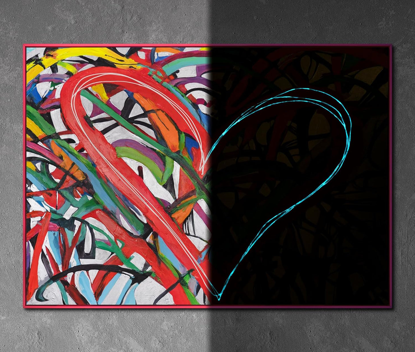 YS-Art Framed Acrylic Glow in The Dark Art Dance of The Hearts Night Light Abstract Modern Artwork Luminous Wall Decor 55x40 inch