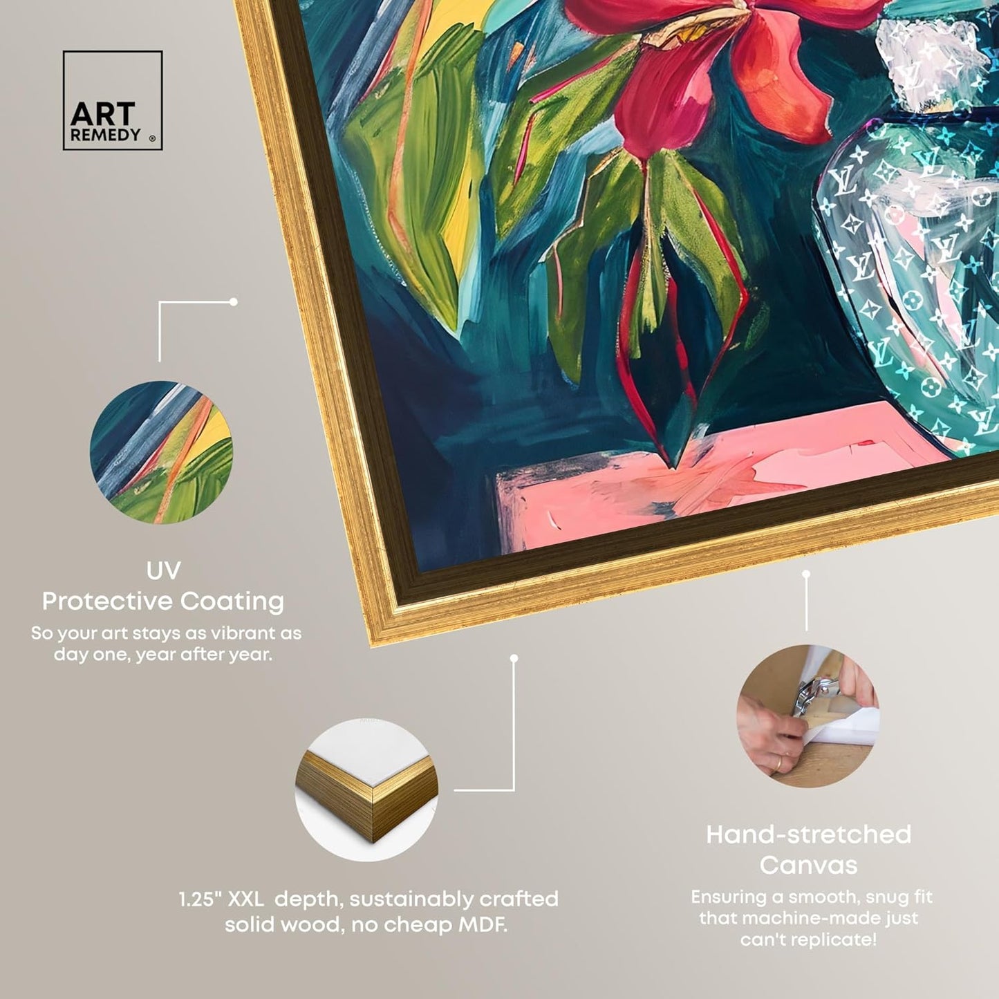 Vase Of Tropical Flowers Framed Flowers In Vase Paintings, 41.5" x 41.5", Gold Frame