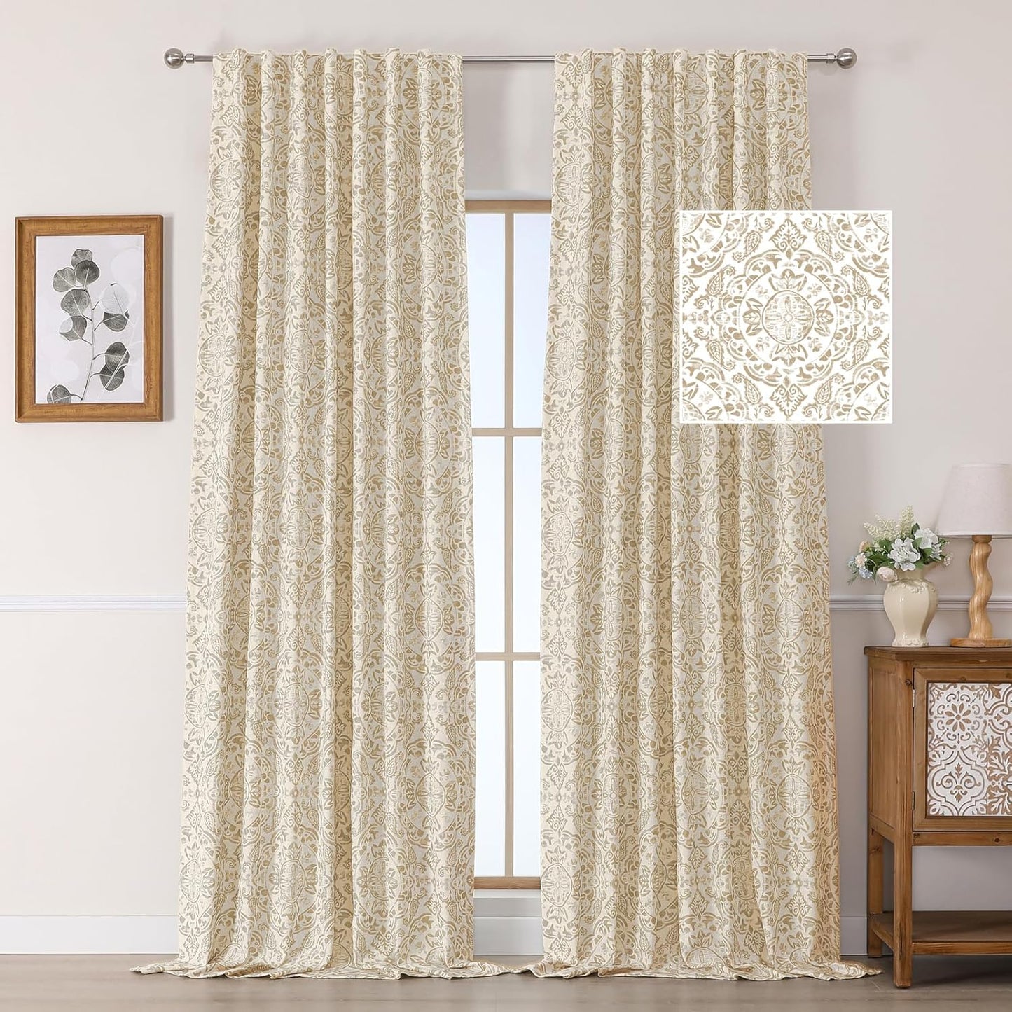 OWENIE Total Blackout Curtains for Bedroom 84 Inches Long 2 Panels, Medallion Printing Thermal Insulated Linen Double Layer Curtains for Living Room, Elegant Back Tab Drapes, Each 52Wx84L, Sage Green
