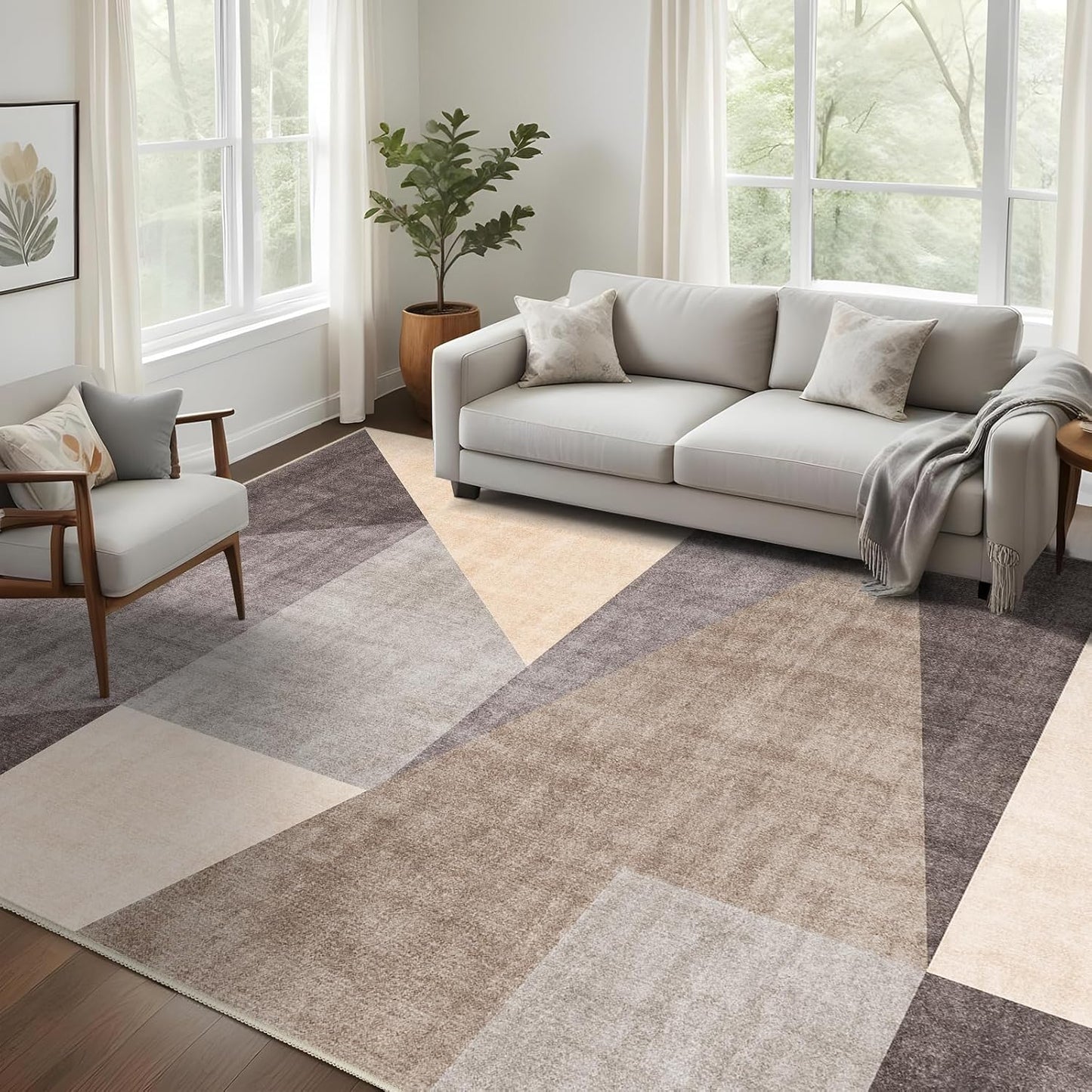 Washable Modern Area Rug: 10x14 Large Geometric Area Rugs for Living Room & Bedroom with Non-Slip Backing Modern Geometric Carpet for Living Room Brown Grey 10'x14'.