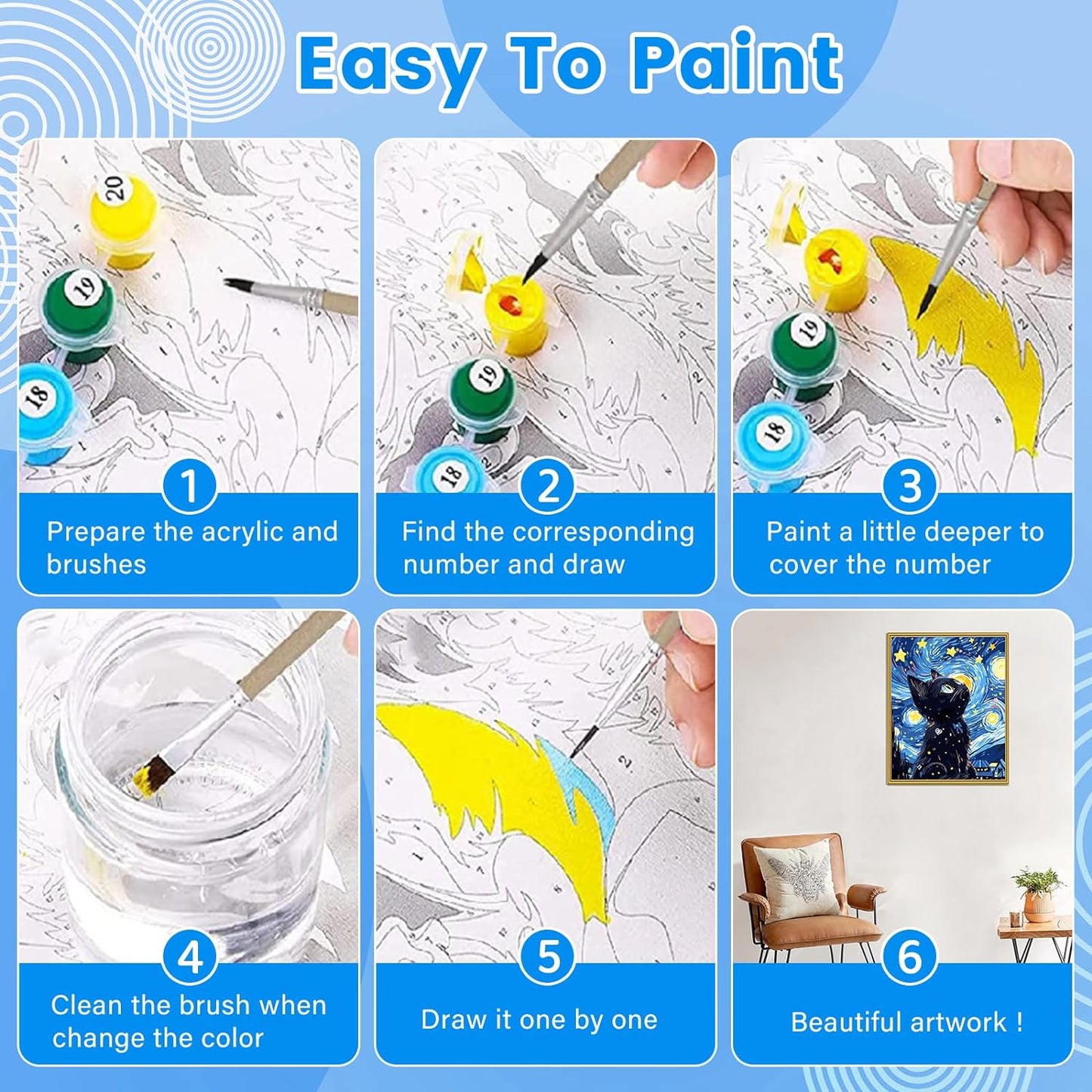 Yunnuo Paint by Numbers for Adults Black Cat, Paint by Numbers Kit on Canvas for Beginners, Starry Night Number Painting Set Craft Supplies, 3 Paintbrushes and Acrylic Paint 16x20 Inch