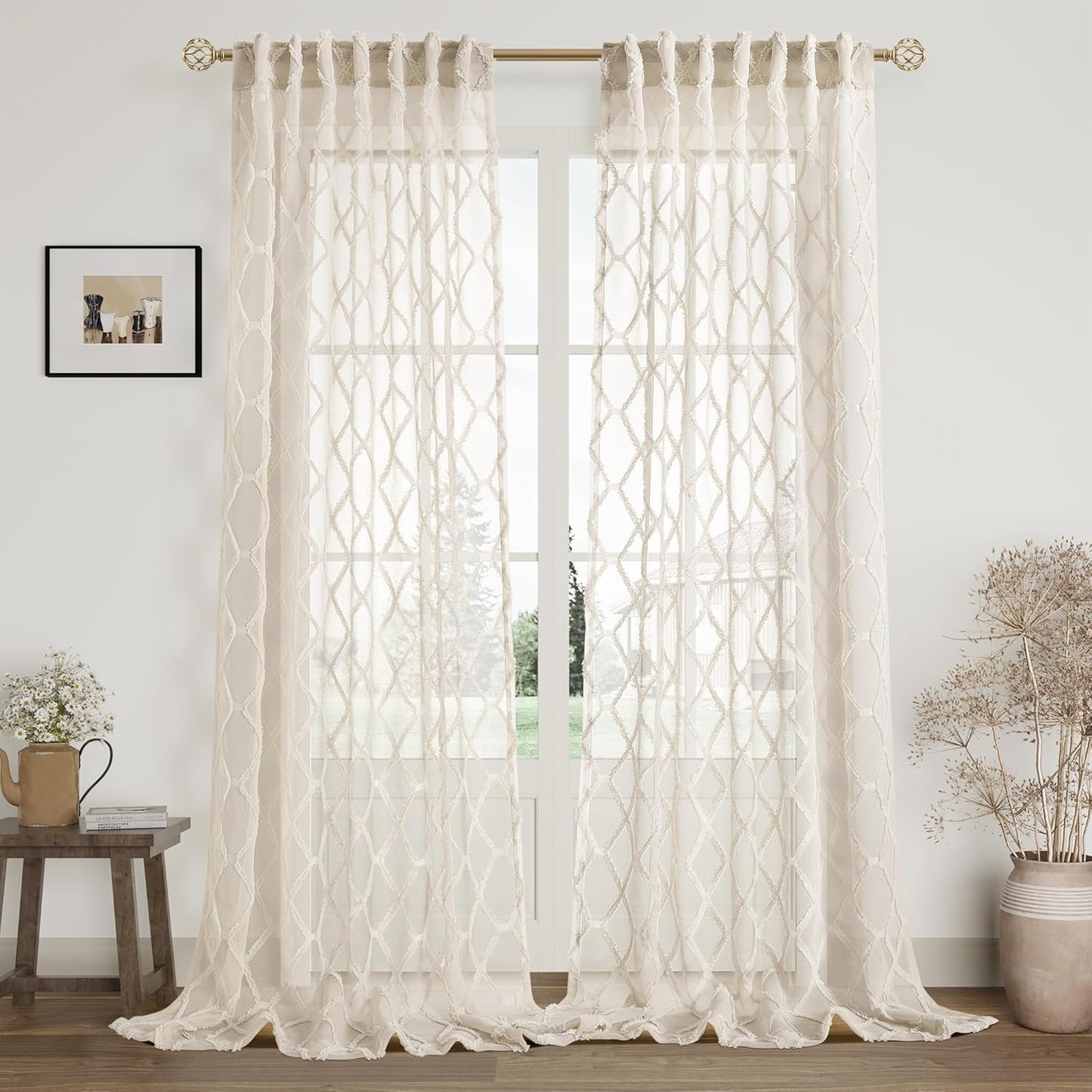 Beige Sheer Curtains 84 Inches Long for Living Room Rod Pocket Back Tab Sand Taupe Tan Semi Sheer Curtain Geometric Embroidered Tuft Pom Textured Drapes Earth Tone Farmhouse Rustic Bedroom Nursery