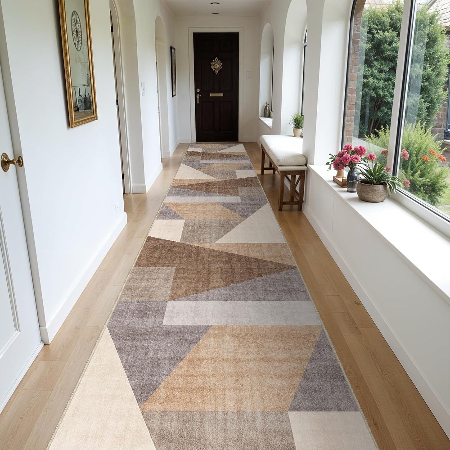 Washable Modern Area Rug: 10x14 Large Geometric Area Rugs for Living Room & Bedroom with Non-Slip Backing Modern Geometric Carpet for Living Room Brown Grey 10'x14'.