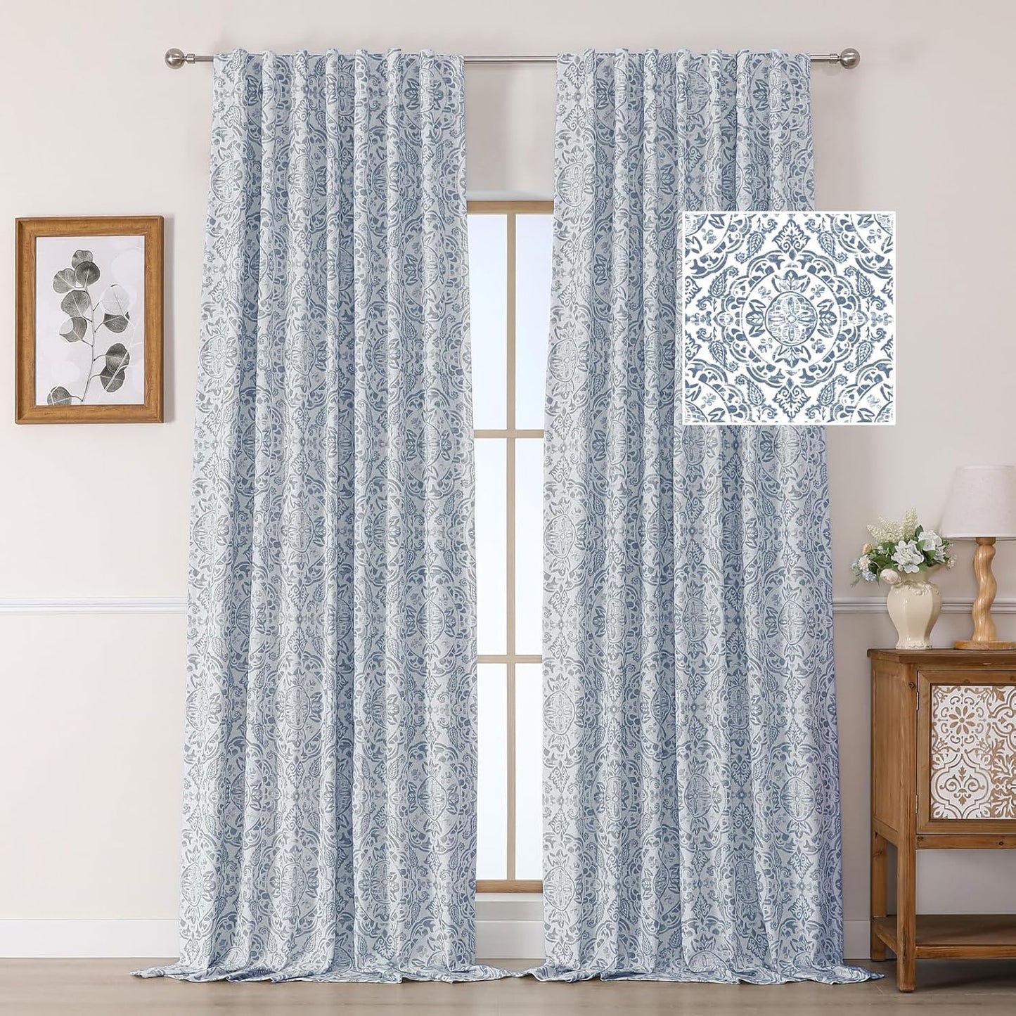 OWENIE Total Blackout Curtains for Bedroom 84 Inches Long 2 Panels, Medallion Printing Thermal Insulated Linen Double Layer Curtains for Living Room, Elegant Back Tab Drapes, Each 52Wx84L, Sage Green