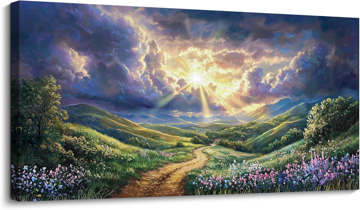 HKDGOKA Large Landscape Canvas Wall Art, Green Mountains Purple Clouds Flower Scenery Canvas Pictures Paintings Artwork for Living Room Bedroom Office Kitchen Home Wall Decor 32x71 IN