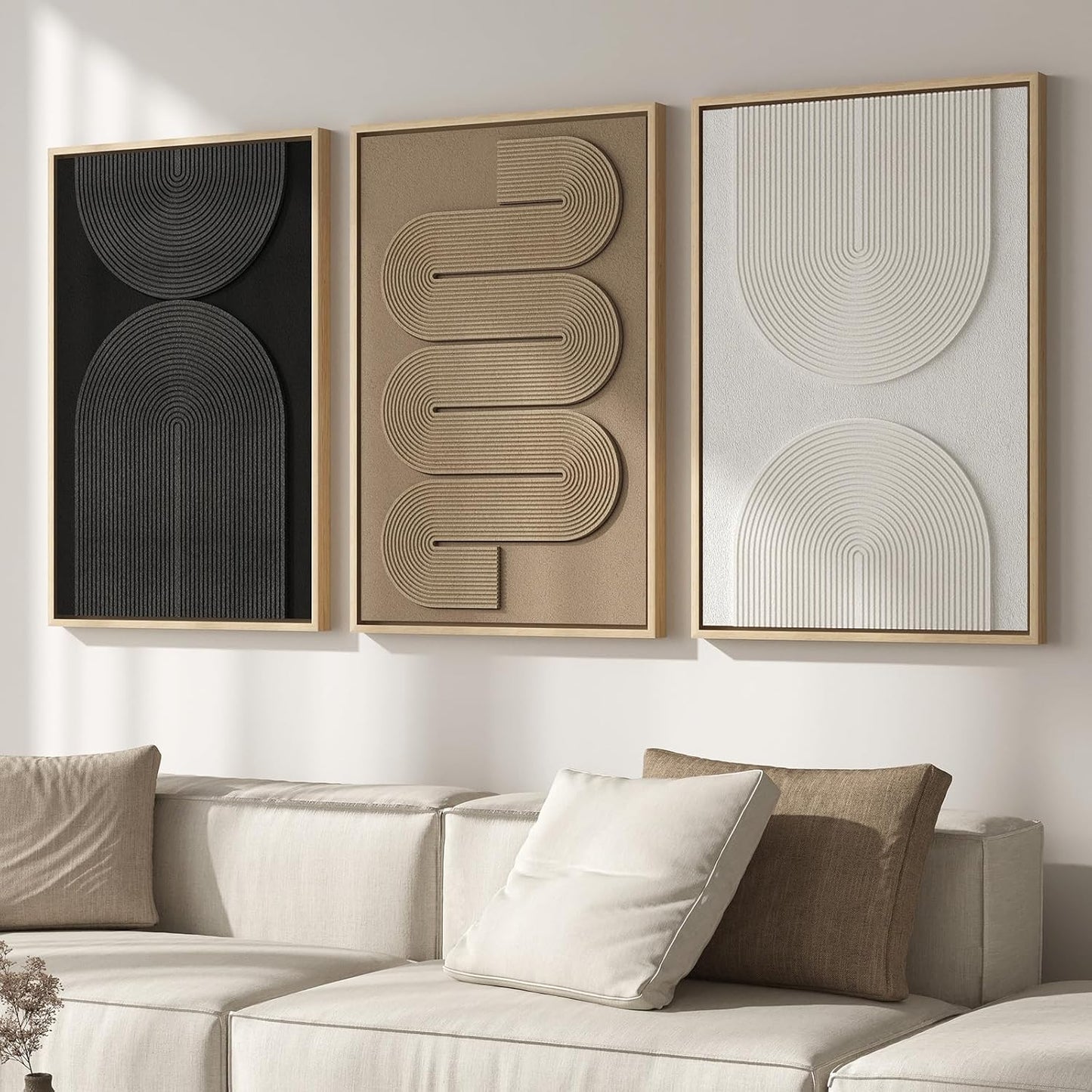 Large 3D Textured Framed Abstract Wall Art for Living Room, 3 Piece Modern Paintings Artwork for Walls, Black White Brown Geometric Sandstone Texture Pictures for Hallway Office Wall Decor 24x36 In