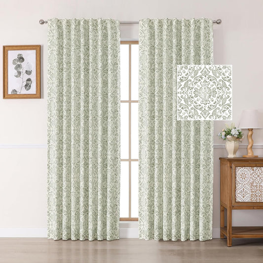 OWENIE Total Blackout Curtains for Bedroom 84 Inches Long 2 Panels, Medallion Printing Thermal Insulated Linen Double Layer Curtains for Living Room, Elegant Back Tab Drapes, Each 52Wx84L, Sage Green