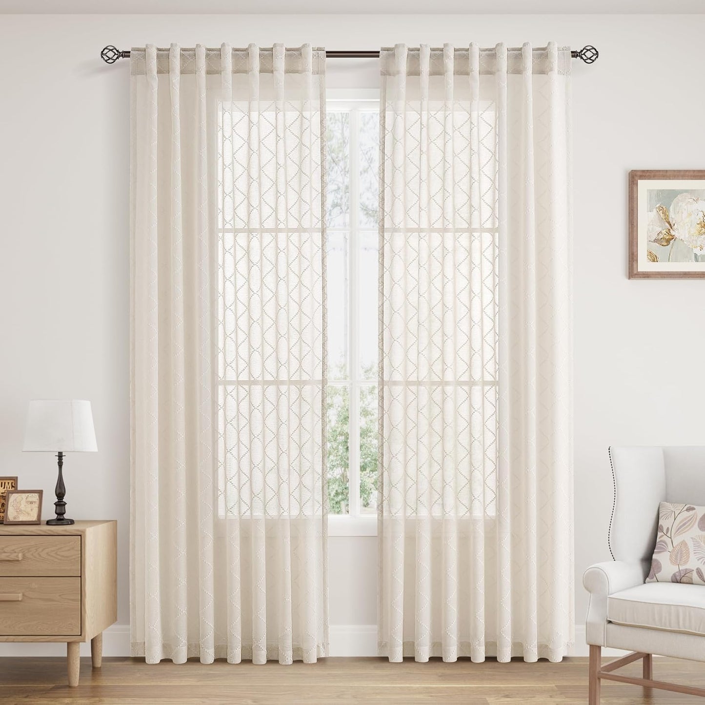Beige Sheer Curtains 84 Inches Long for Living Room Rod Pocket Back Tab Sand Taupe Tan Semi Sheer Curtain Geometric Embroidered Tuft Pom Textured Drapes Earth Tone Farmhouse Rustic Bedroom Nursery