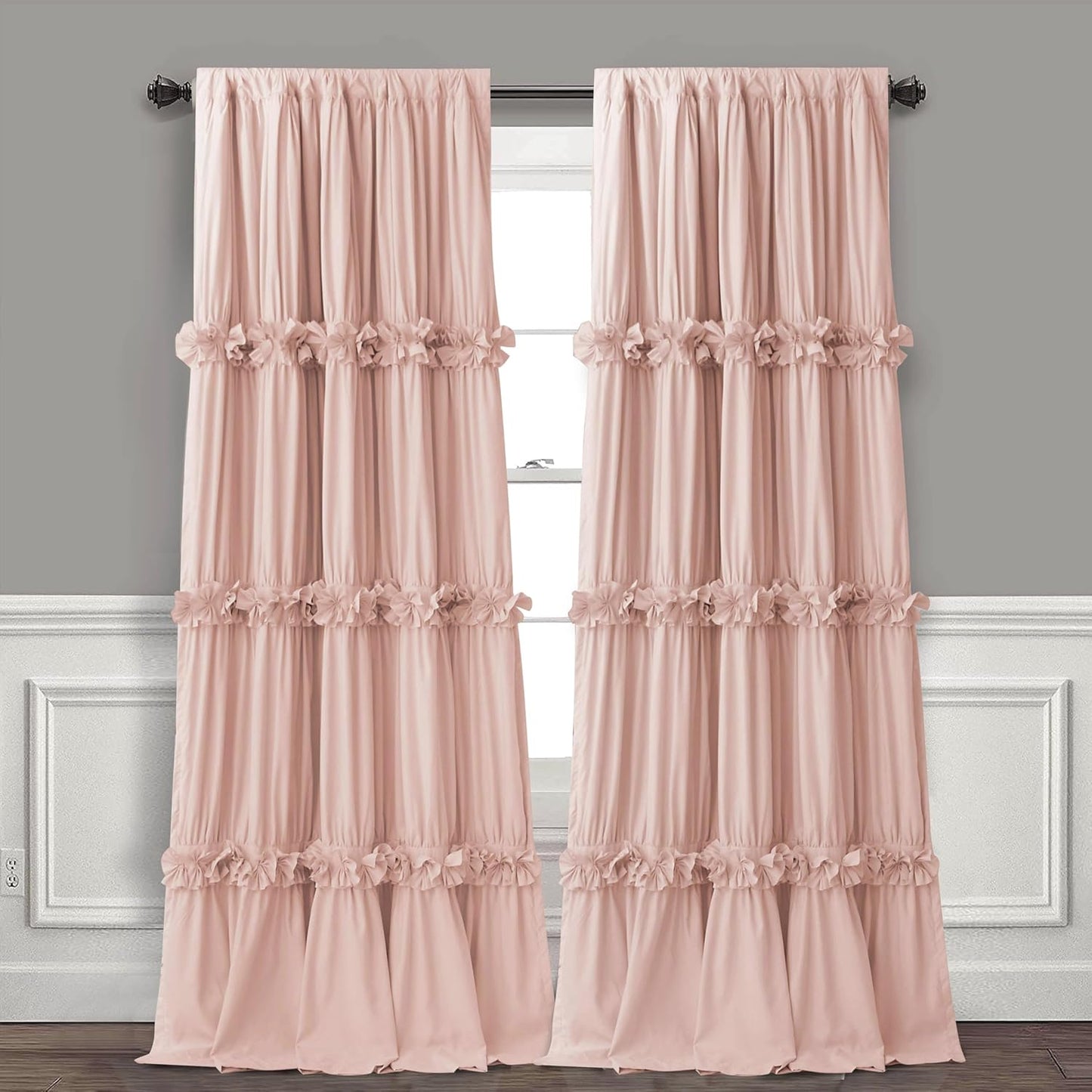 Thermal Insulated Blackout Window Curtains, 54" W x 84" L x 2 Panels, Boho Ruched Window Treatments with 3 Rows of Butterfly Flowers, Rustic Rod Pocket Drapes for Room, White (LQ-30)