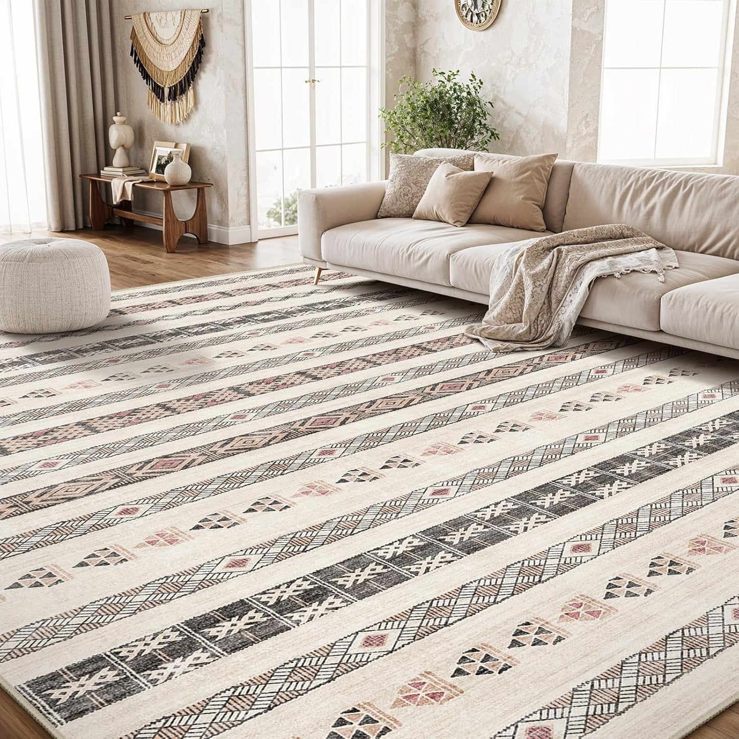 Washable Modern Area Rug: 10x14 Large Geometric Area Rugs for Living Room & Bedroom with Non-Slip Backing Modern Geometric Carpet for Living Room Brown Grey 10'x14'.