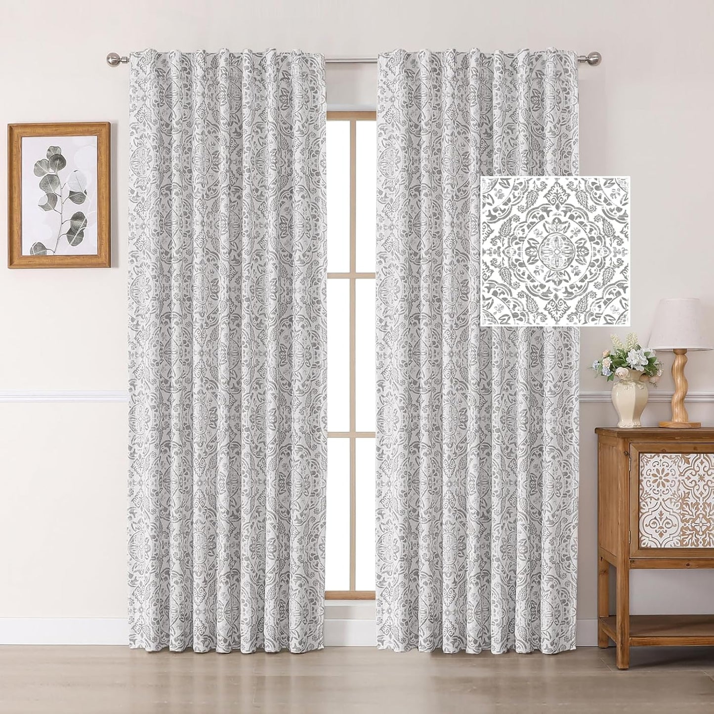 OWENIE Total Blackout Curtains for Bedroom 84 Inches Long 2 Panels, Medallion Printing Thermal Insulated Linen Double Layer Curtains for Living Room, Elegant Back Tab Drapes, Each 52Wx84L, Sage Green