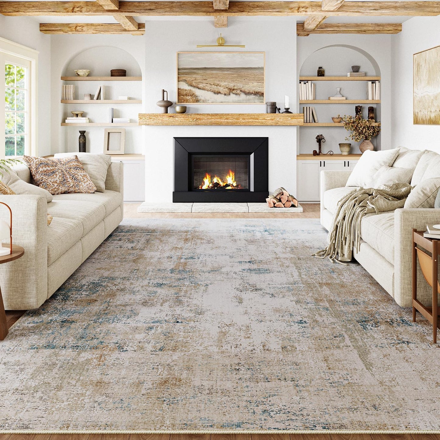 6x9 Washable Area Rug Beige Grey Neutral Abstract Living Room Bedroom Large Throw Rug Non Slip Soft Low Pile Indoor Floor Carpet for Dining Room Kitchen Office Entryway