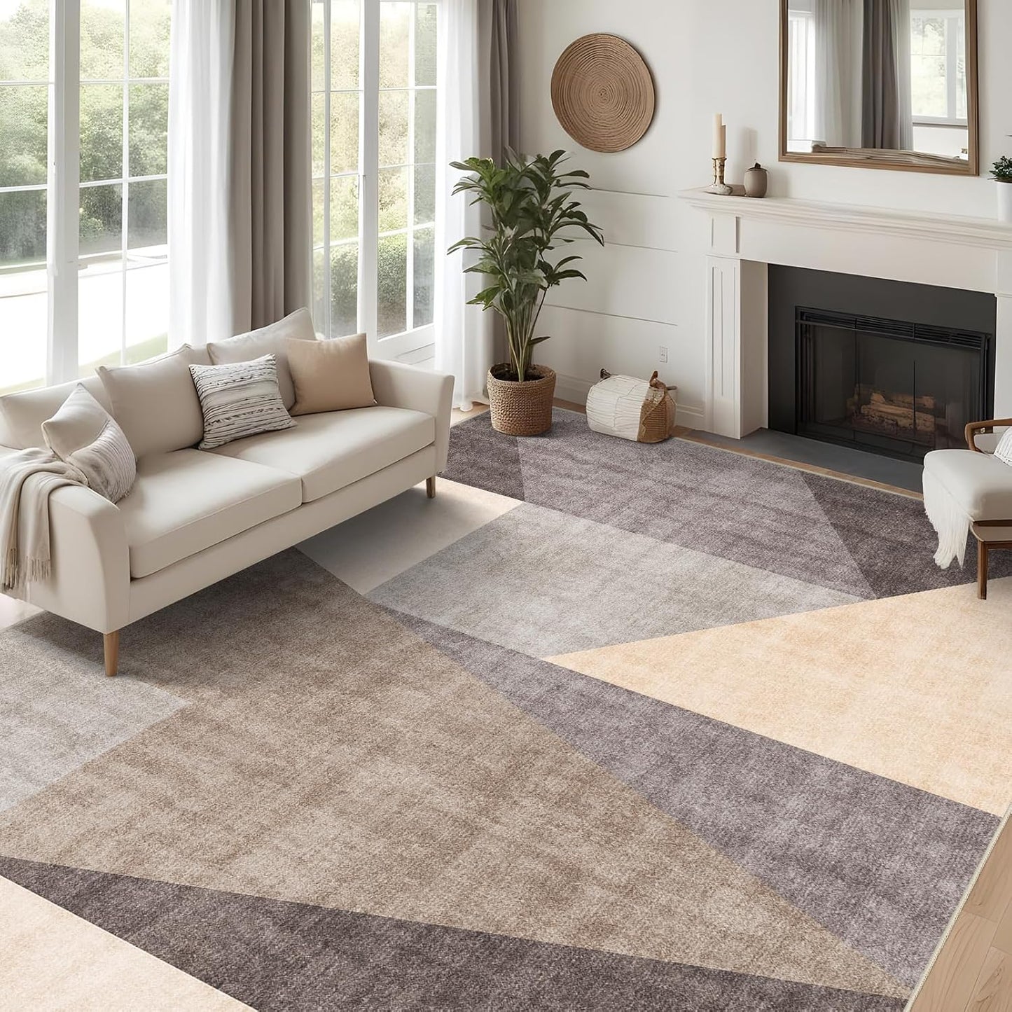 Washable Modern Area Rug: 10x14 Large Geometric Area Rugs for Living Room & Bedroom with Non-Slip Backing Modern Geometric Carpet for Living Room Brown Grey 10'x14'.