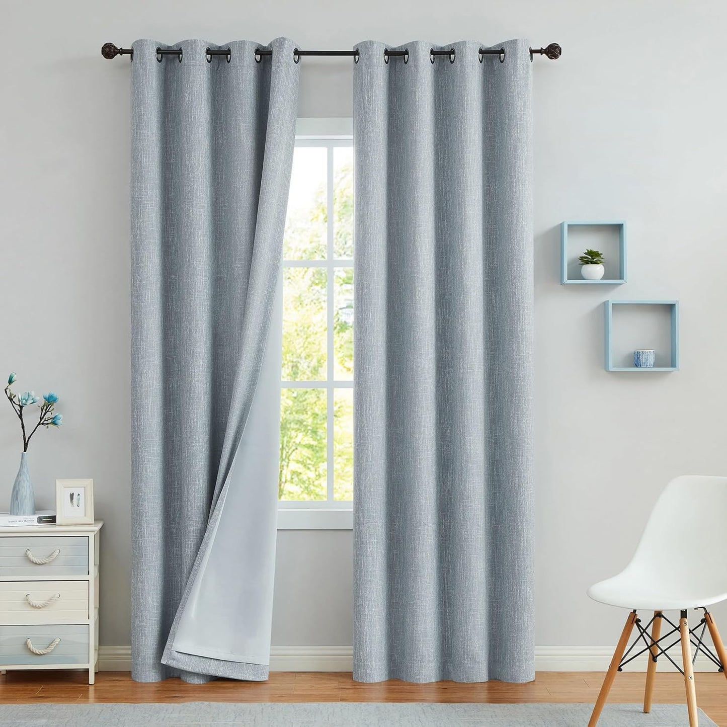 Navy Solid Full Blackout Curtain Heavy Linen Texture Window Treatment for Bedroom Noise Reducing Thermal Insulated Drapes 8 Grommets Top for Living Room with Liner, Indigo Blue, 50" x 84" x 2