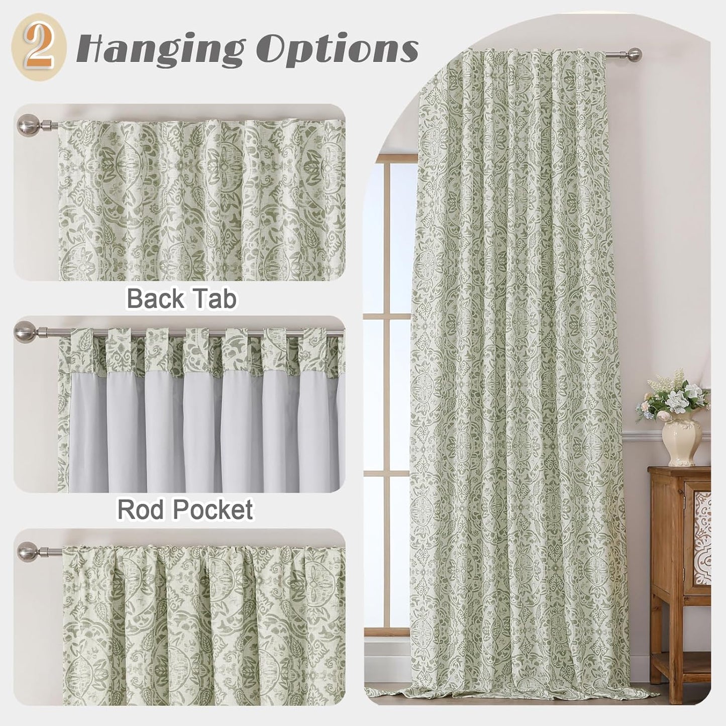 OWENIE Total Blackout Curtains for Bedroom 84 Inches Long 2 Panels, Medallion Printing Thermal Insulated Linen Double Layer Curtains for Living Room, Elegant Back Tab Drapes, Each 52Wx84L, Sage Green