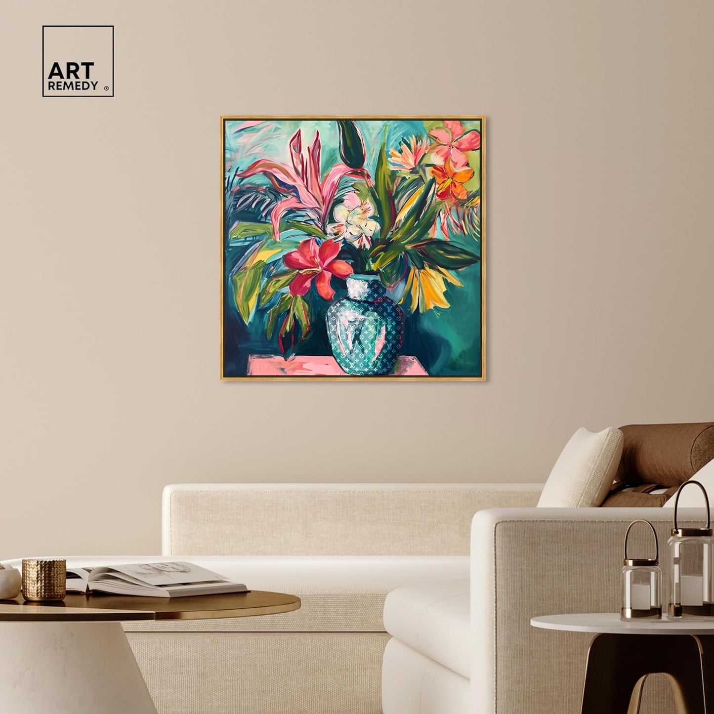 Vase Of Tropical Flowers Framed Flowers In Vase Paintings, 41.5" x 41.5", Gold Frame
