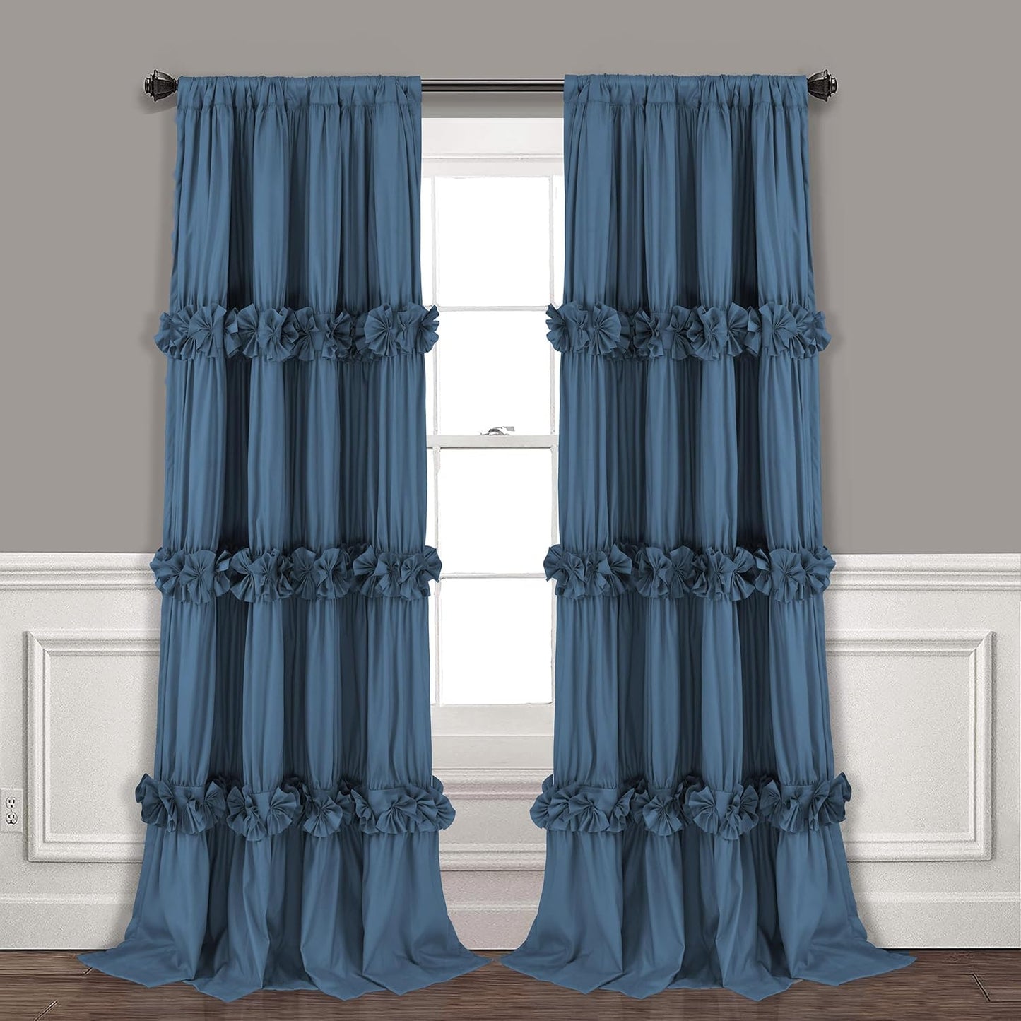 Thermal Insulated Blackout Window Curtains, 54" W x 84" L x 2 Panels, Boho Ruched Window Treatments with 3 Rows of Butterfly Flowers, Rustic Rod Pocket Drapes for Room, White (LQ-30)